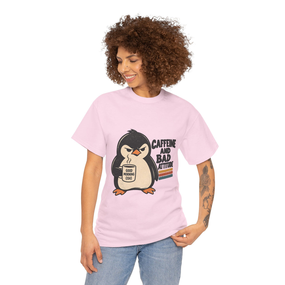 Caffeine and Bad Attitude Grumpy Penguin Coffee T-Shirt