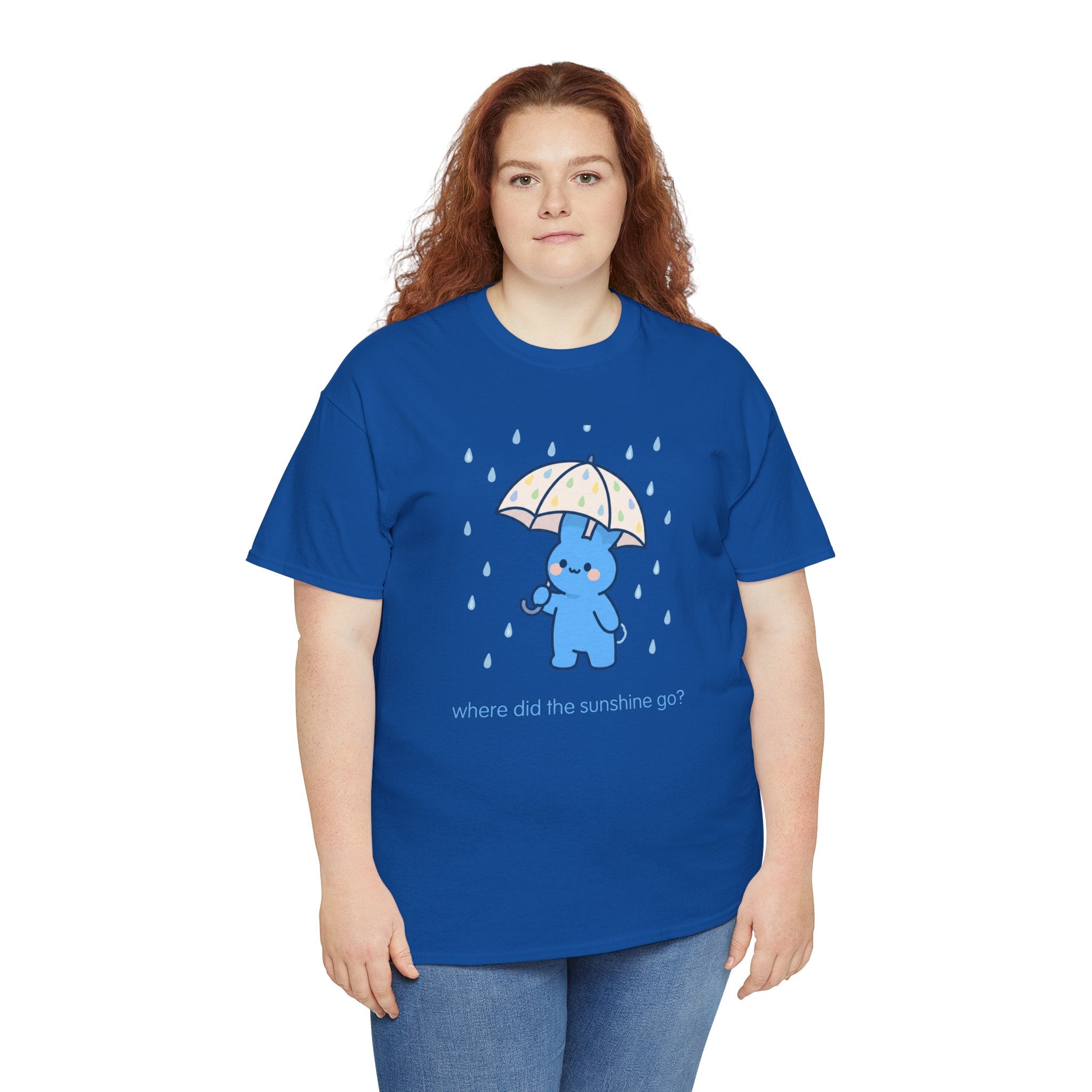 Cute Blue Bunny Tee — "Where Did the Sunshine Go?" Rainy Day Graphic T-Shirt - Where did the sunshine go? 🌧️🐰 Our little blue bunny is braving the rain with the cutest polka dot umbrella