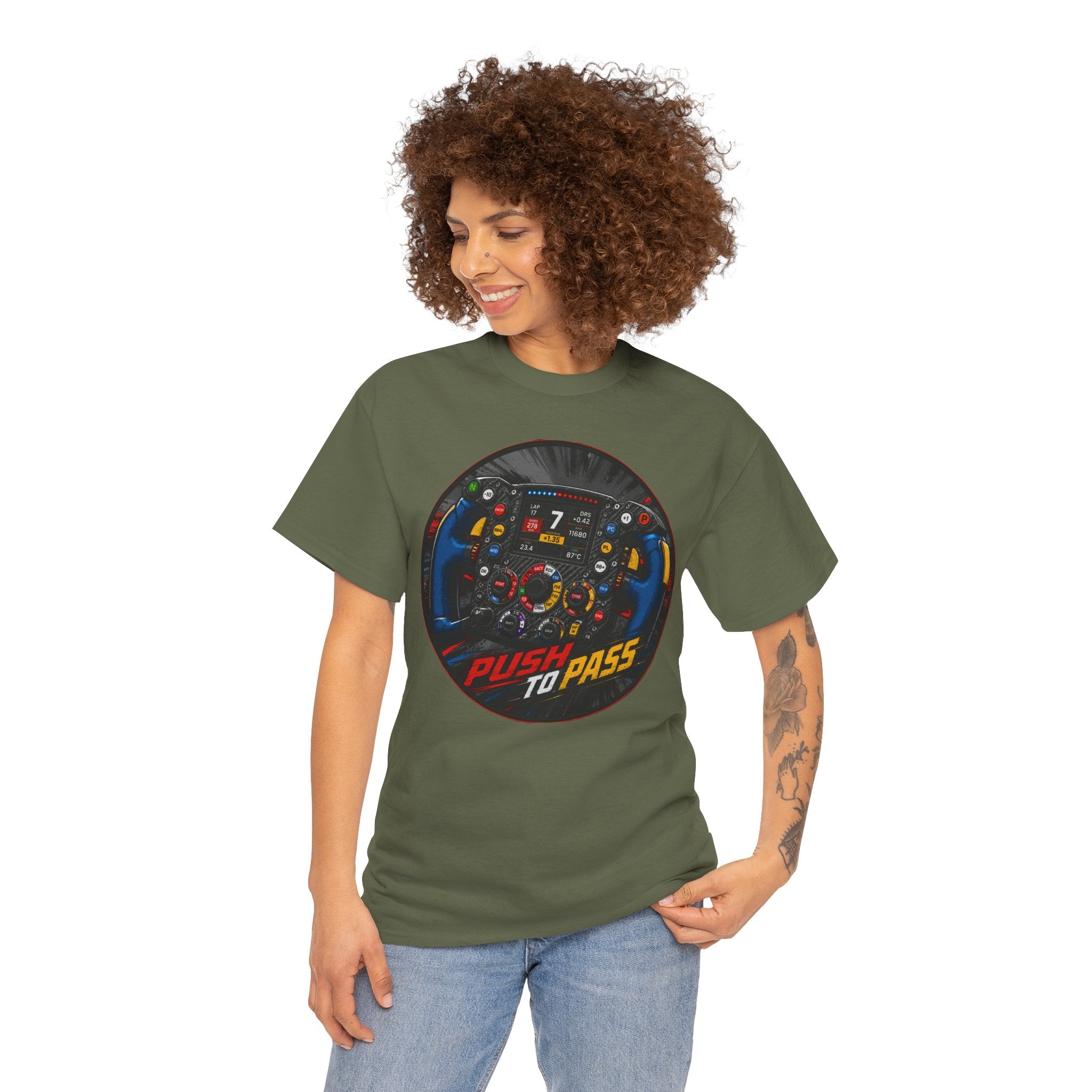Push to Pass T-Shirt | F1 Steering Wheel Graphic Tee | Formula 1 Racing Cockpit Shirt | Motorsport Technical Diagram Art