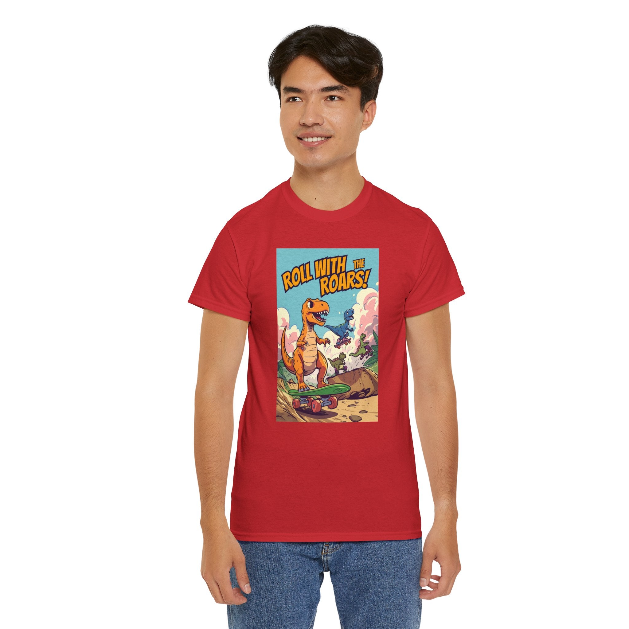Roll With The Roars T-Shirt | Skateboarding T-Rex Pack Jungle Design | Funny Dinosaur Graphic Tee | Cartoon Fun Collection
