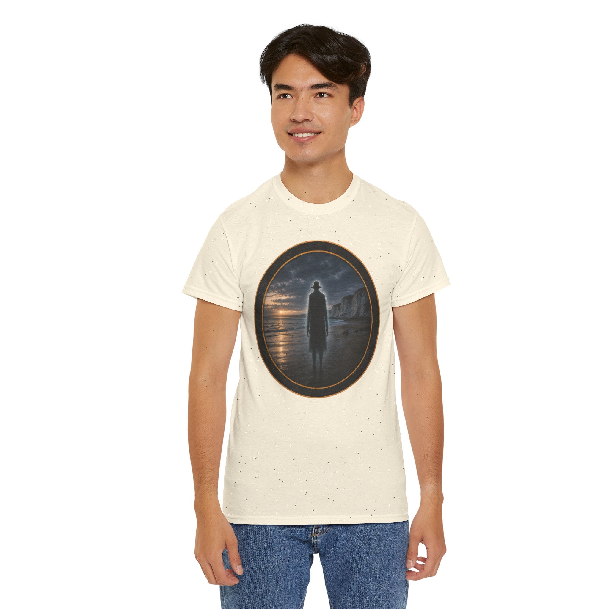 The Watcher on the Shore - Mystic Shore Tee — Silhouette at Dusk Graphic T-Shirt