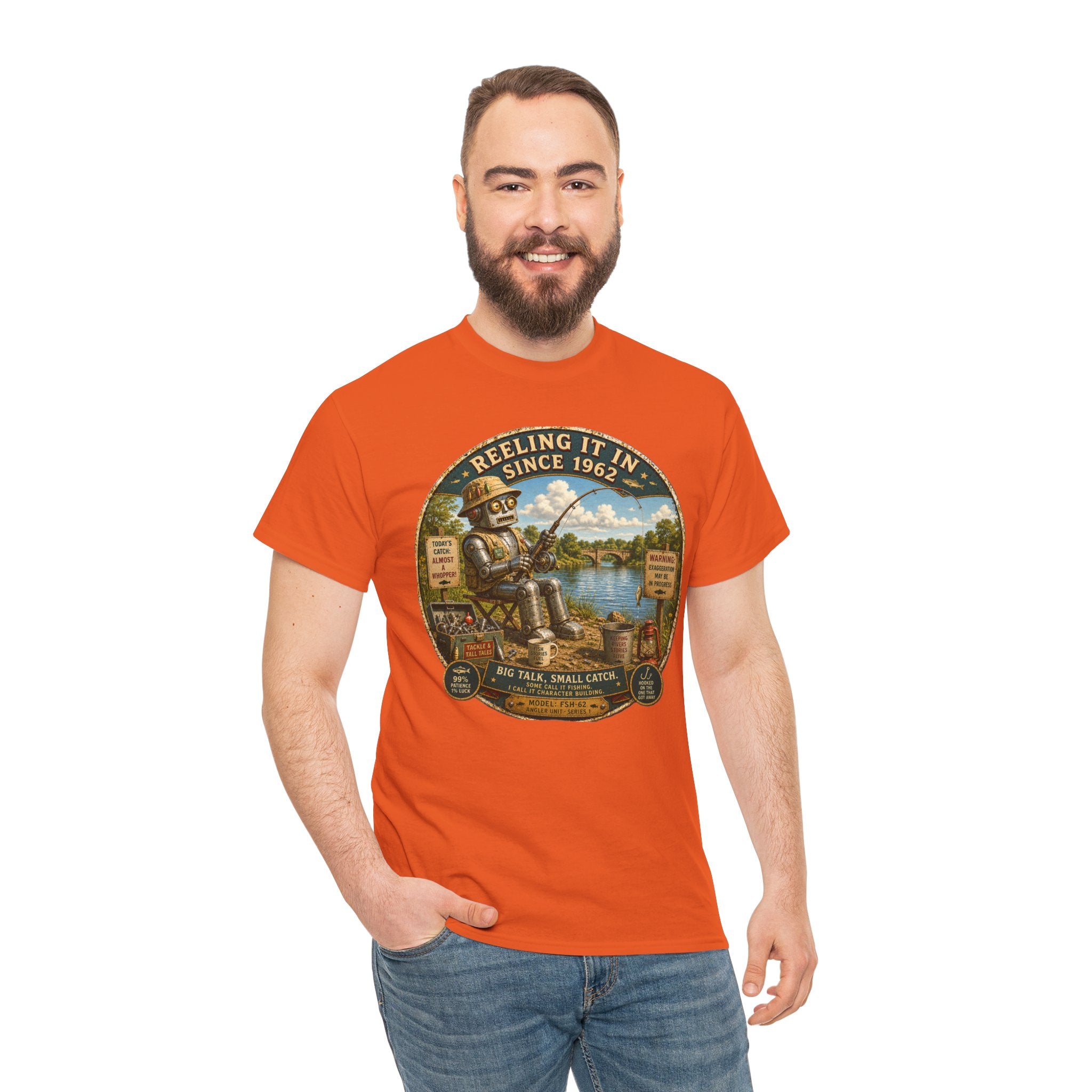Reeling It In Since 1962 T-Shirt — Funny Robot Angler Graphic Tee
