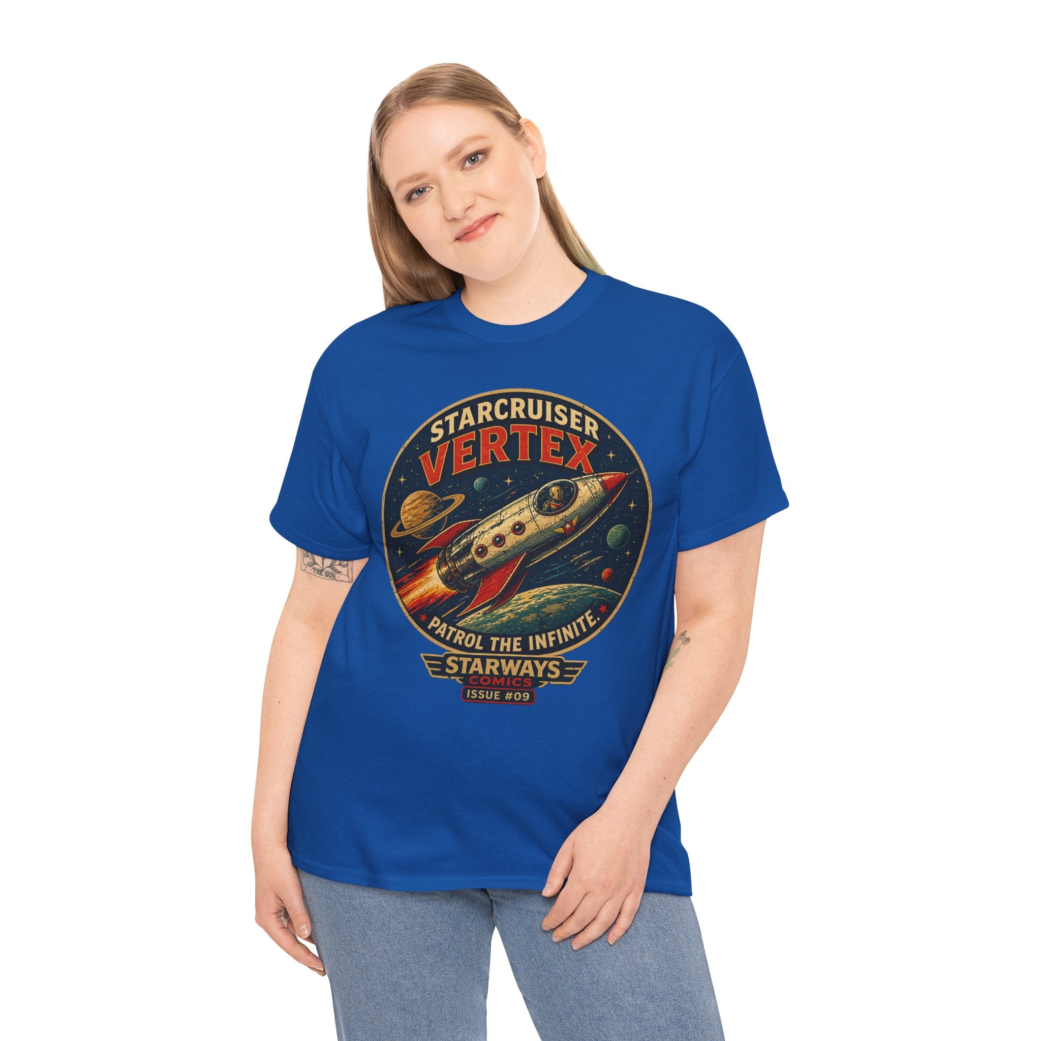 Starcruiser Vertex T-Shirt | Retro Sci-Fi Rocket Ship Graphic Tee | Vintage Space Comic Pilot Shirt | Starways Comics Issue 9