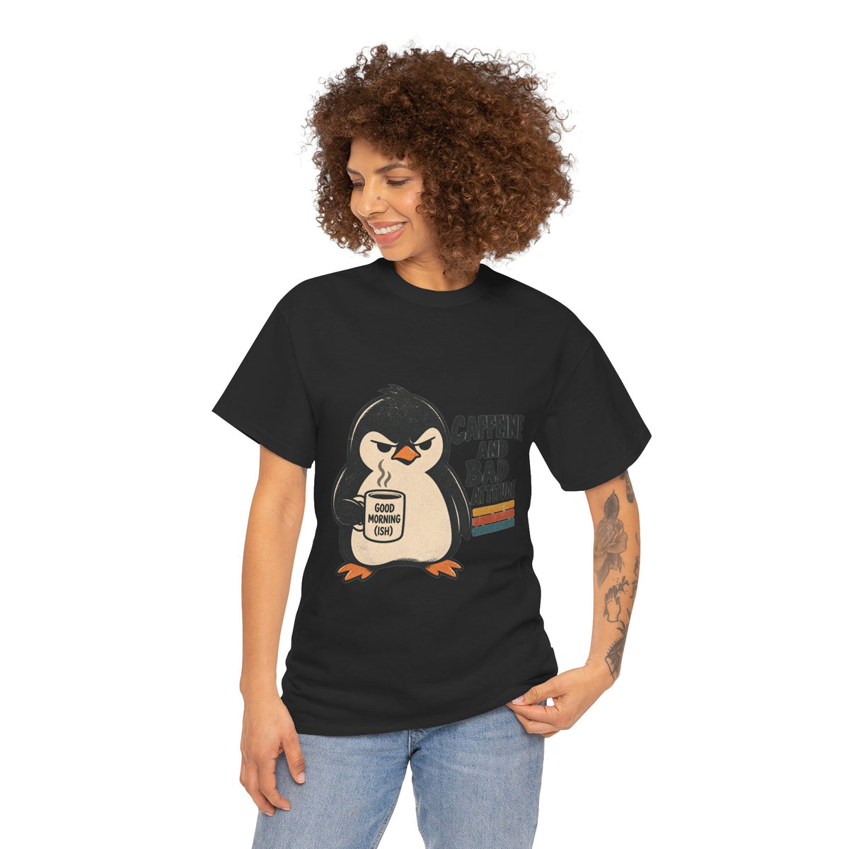 Caffeine and Bad Attitude Grumpy Penguin Coffee T-Shirt