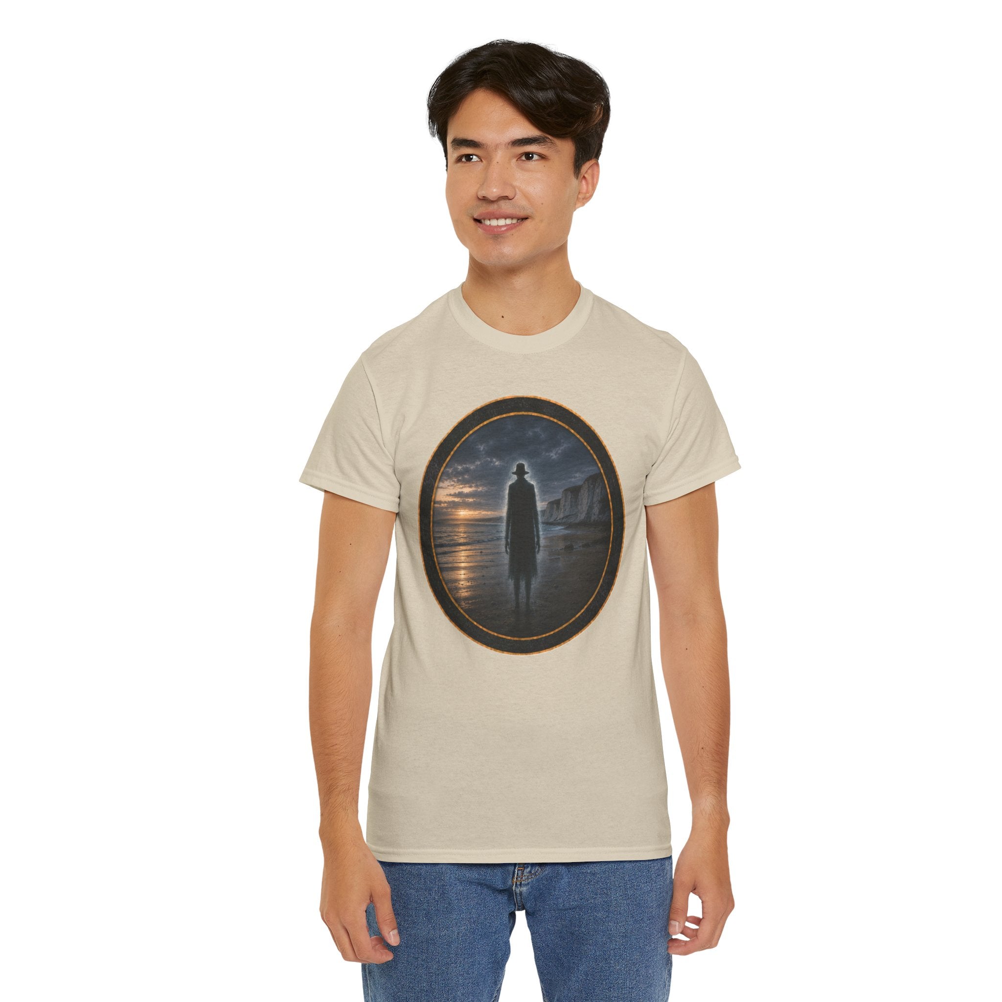 The Watcher on the Shore - Mystic Shore Tee — Silhouette at Dusk Graphic T-Shirt