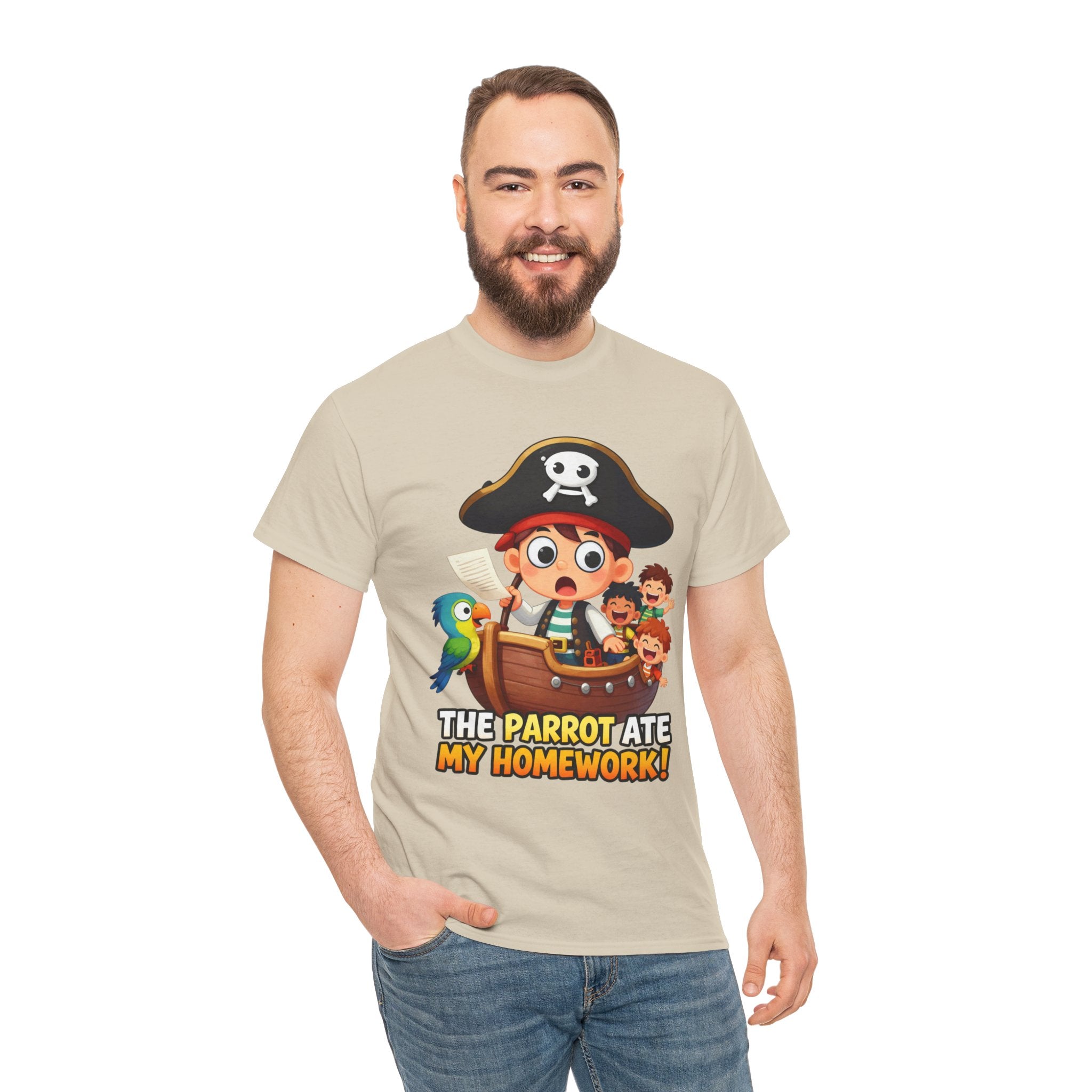 The Parrot Ate My Homework T-Shirt – Funny Pirate School Excuse Cartoon | Kids Pirate Humour Graphic Tee