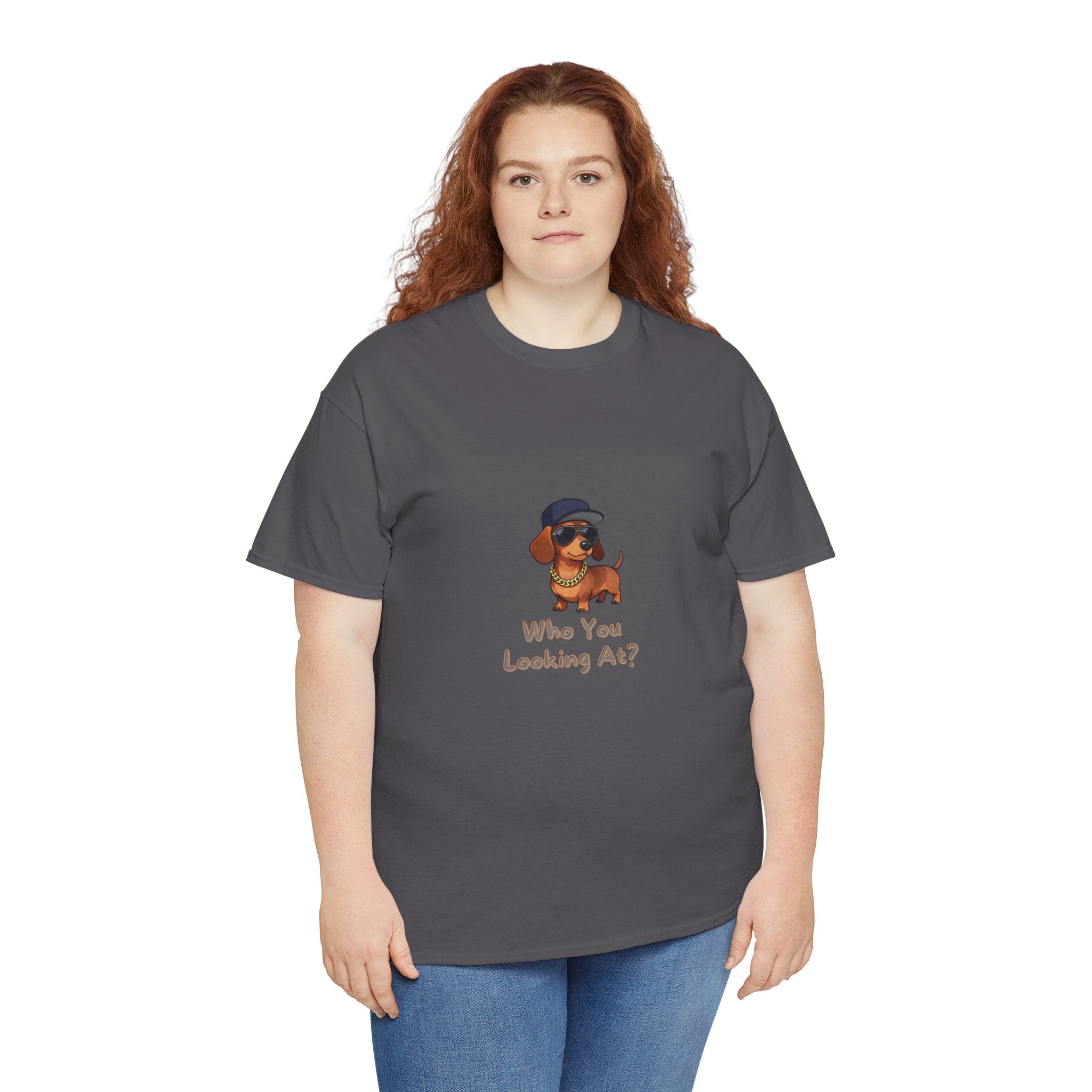 Who You Looking At T-Shirt – Swagger Dachshund Gold Chain Snapback Cool Dog | Funny Sausage Dog Wiener Dog Attitude Tee