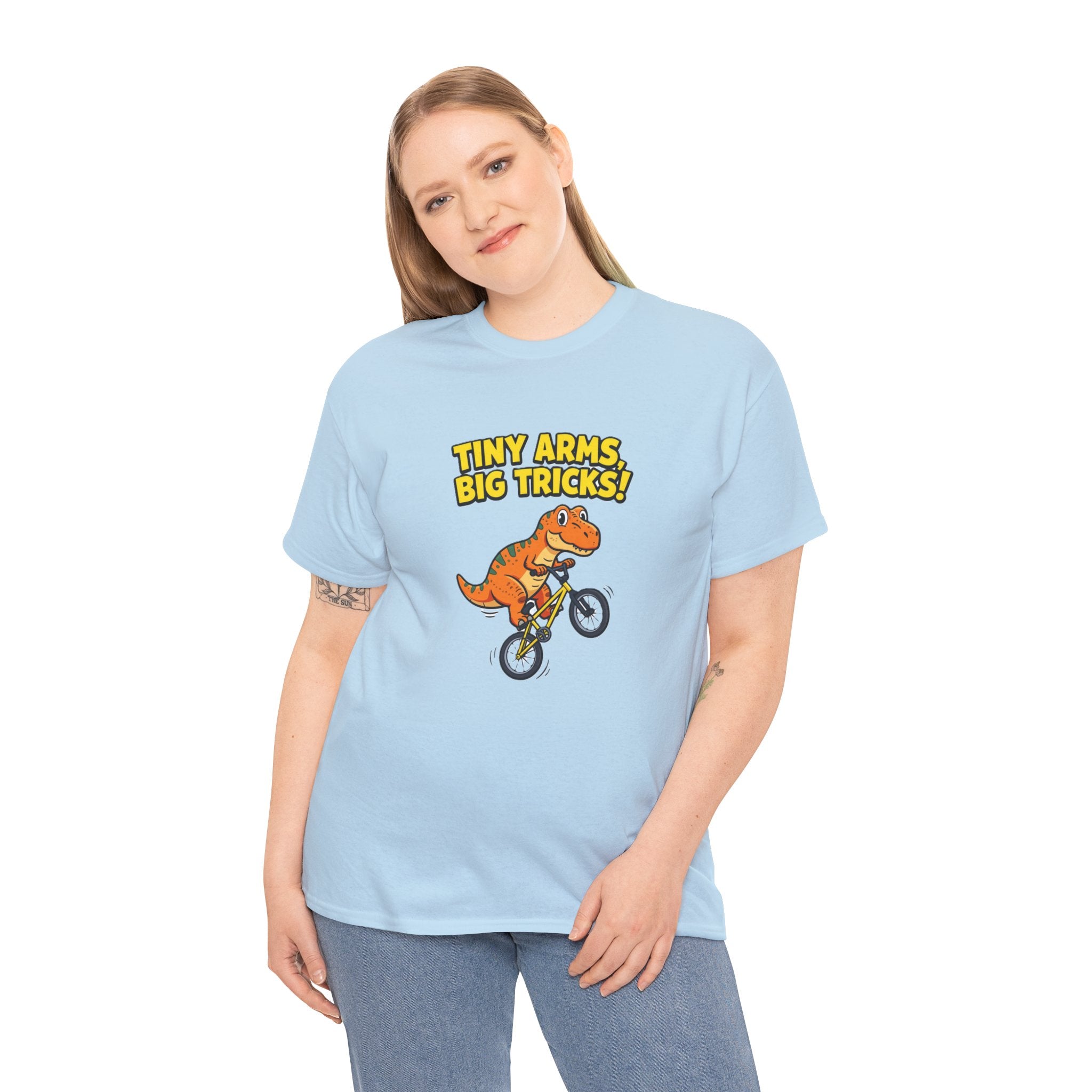 T-Shirt — "Tiny Arms, Big Tricks!" BMX Dino Graphic Tee