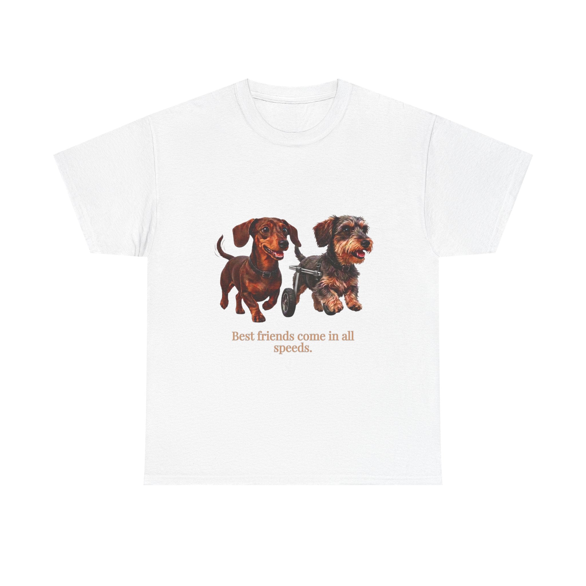Dachshund Friends T-Shirt — Best Friends Roll Together | Cute Dachshund Mobility Dog Tee | Heartwarming Furry Friends Graphic T-Shirt