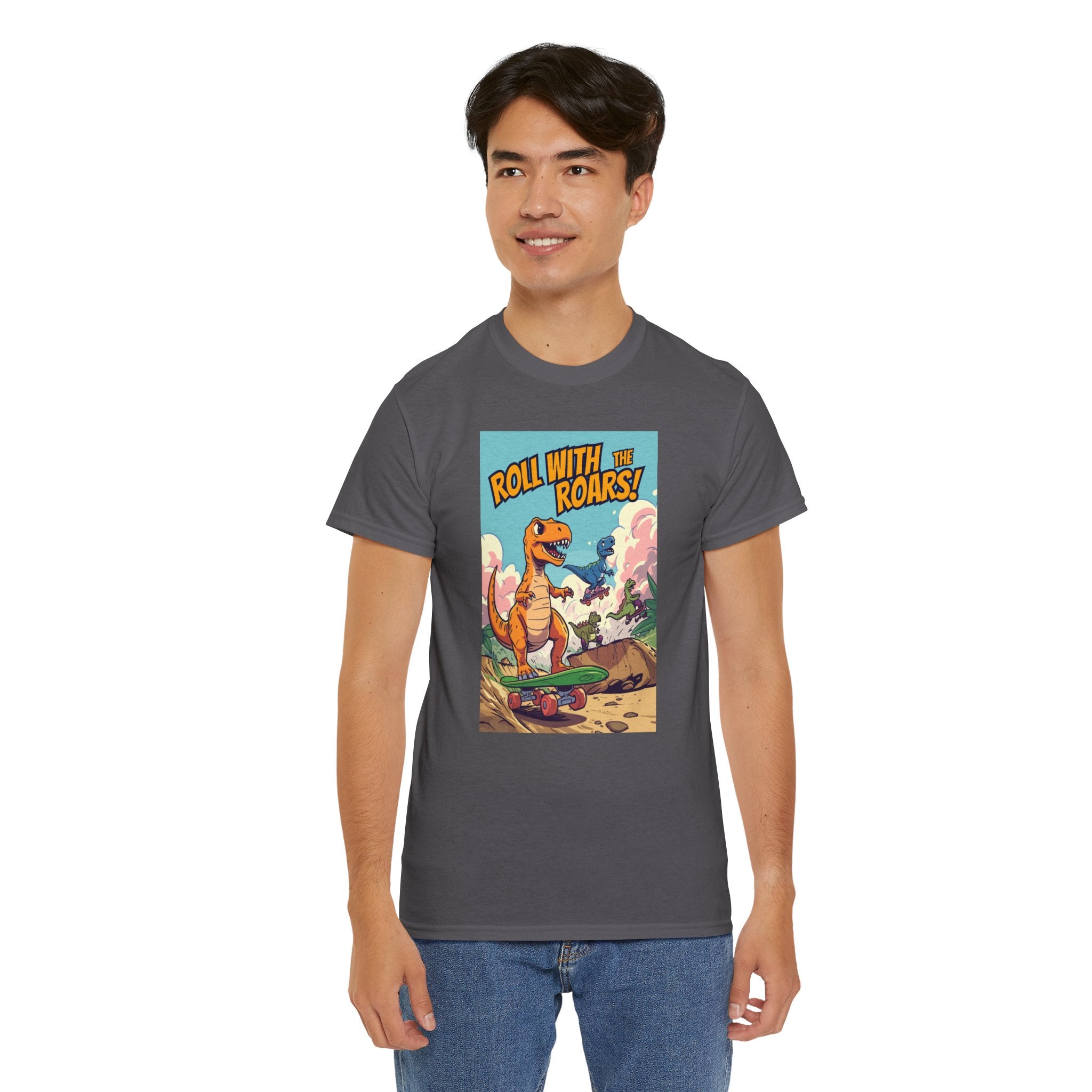 Roll With The Roars T-Shirt | Skateboarding T-Rex Pack Jungle Design | Funny Dinosaur Graphic Tee | Cartoon Fun Collection