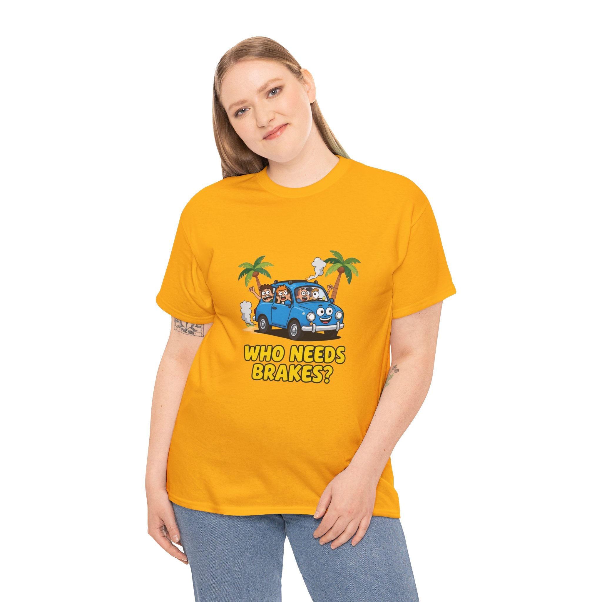 Who Needs Brakes T-Shirt – Funny Cartoon Car Holiday Road Trip | Terrified Passengers Driving Humour Graphic Tee
