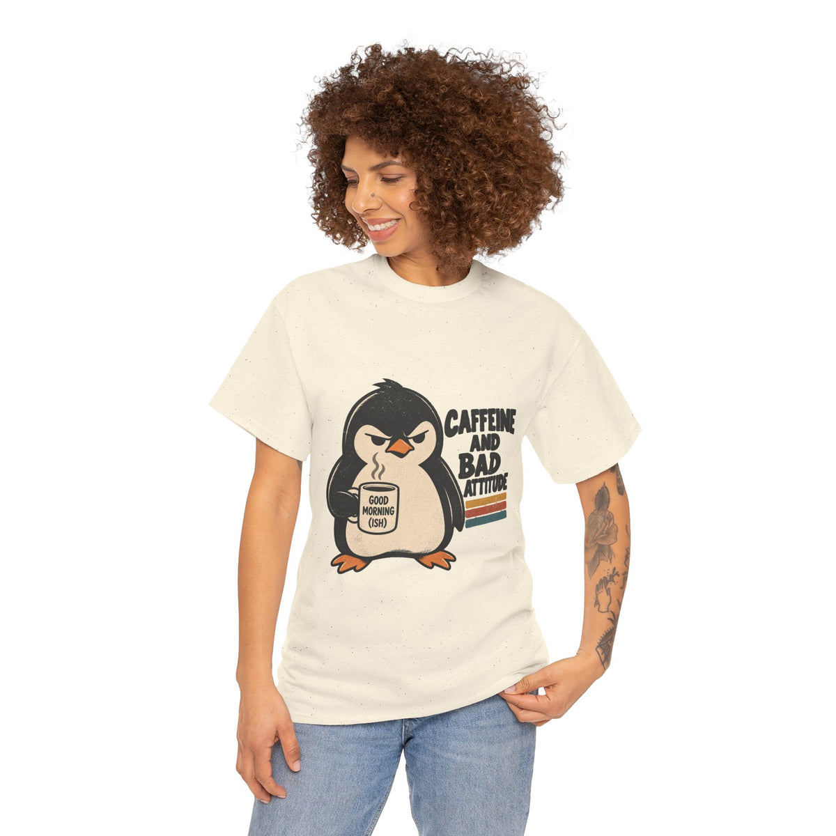 Caffeine and Bad Attitude Grumpy Penguin Coffee T-Shirt