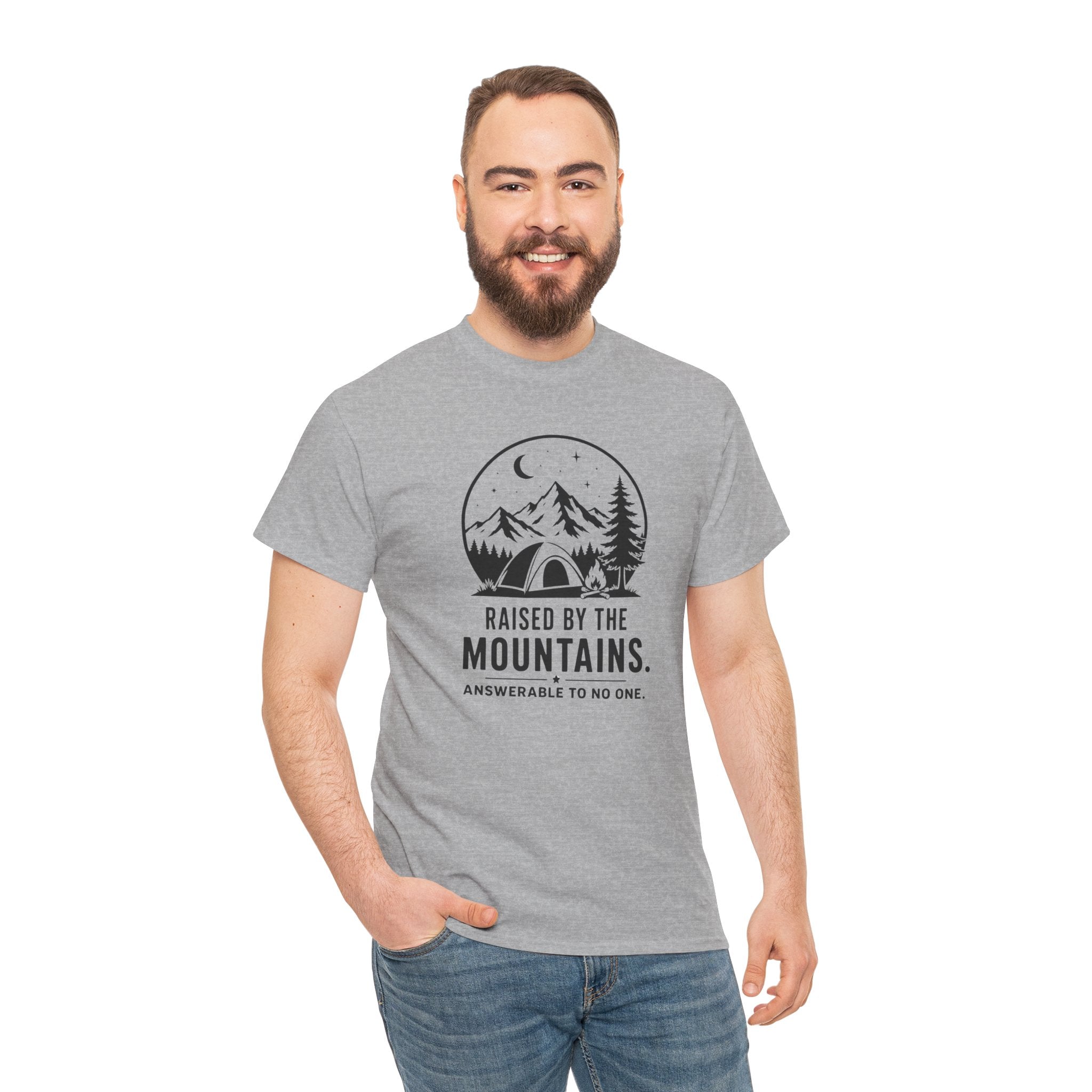 Mountain Camp Graphic Tee — "Raised by the Mountains" Adventure T‑Shirt