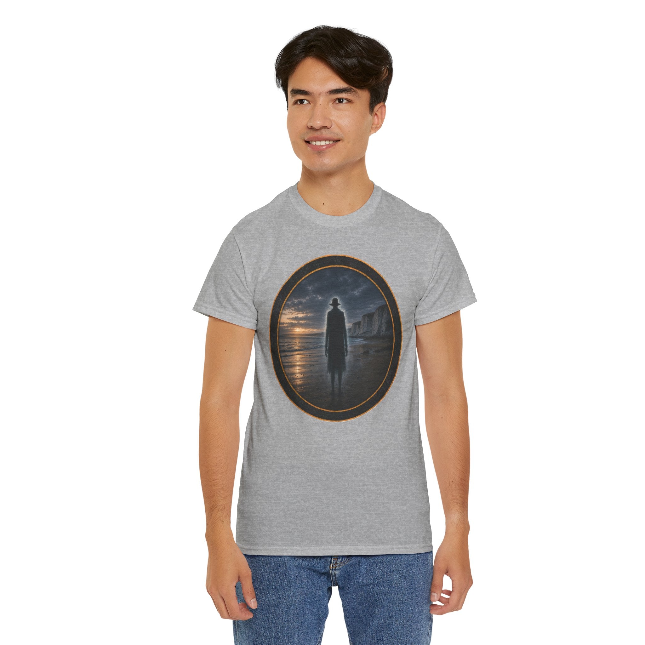 The Watcher on the Shore - Mystic Shore Tee — Silhouette at Dusk Graphic T-Shirt