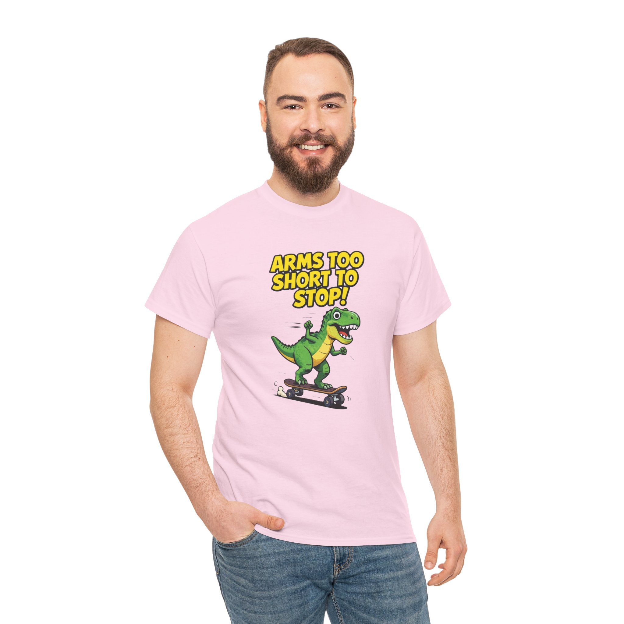 Arms Too Short to Stop T-Shirt – Funny T-Rex Skateboard Cartoon Dinosaur | T-Rex Arms Pun Graphic Tee