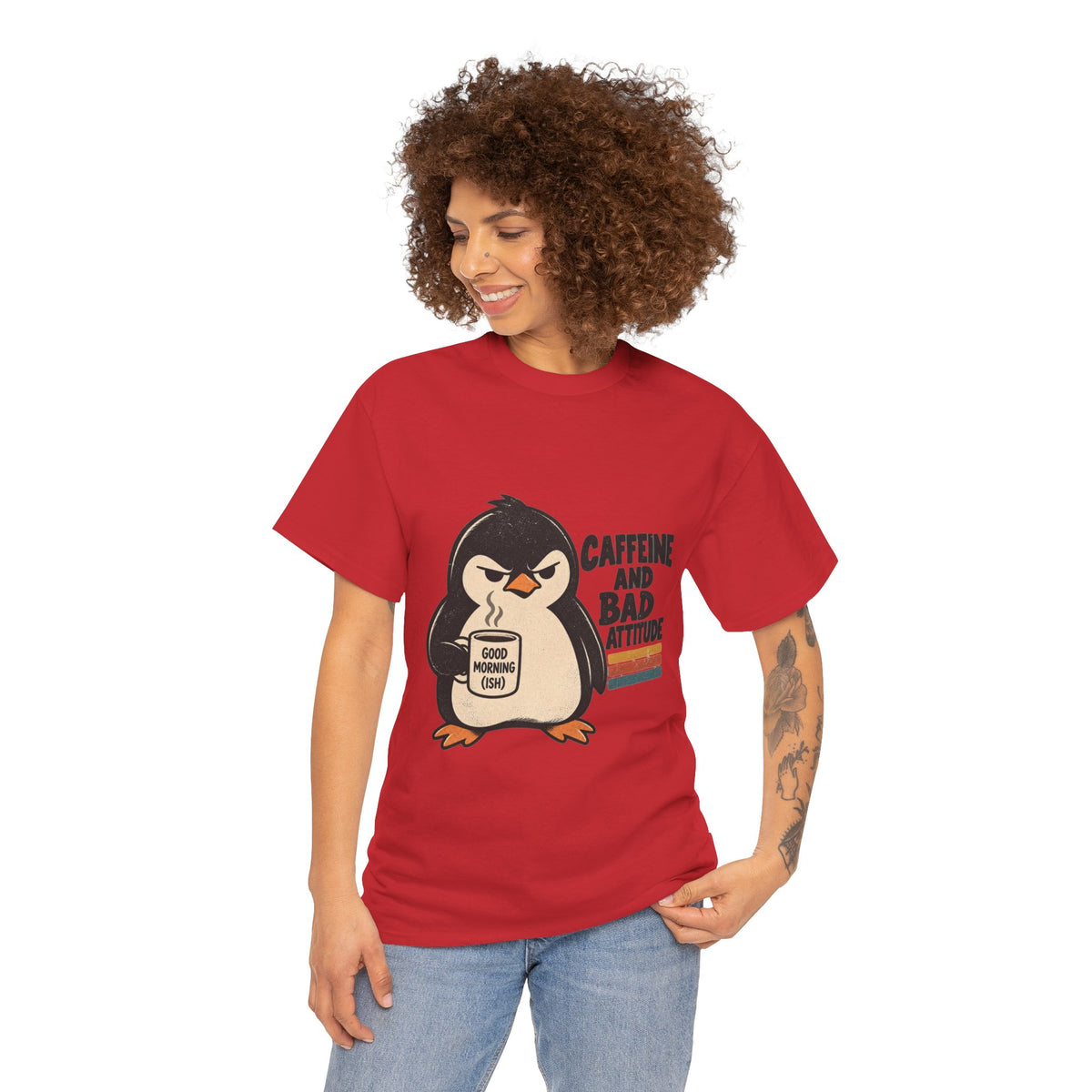 Caffeine and Bad Attitude Grumpy Penguin Coffee T-Shirt