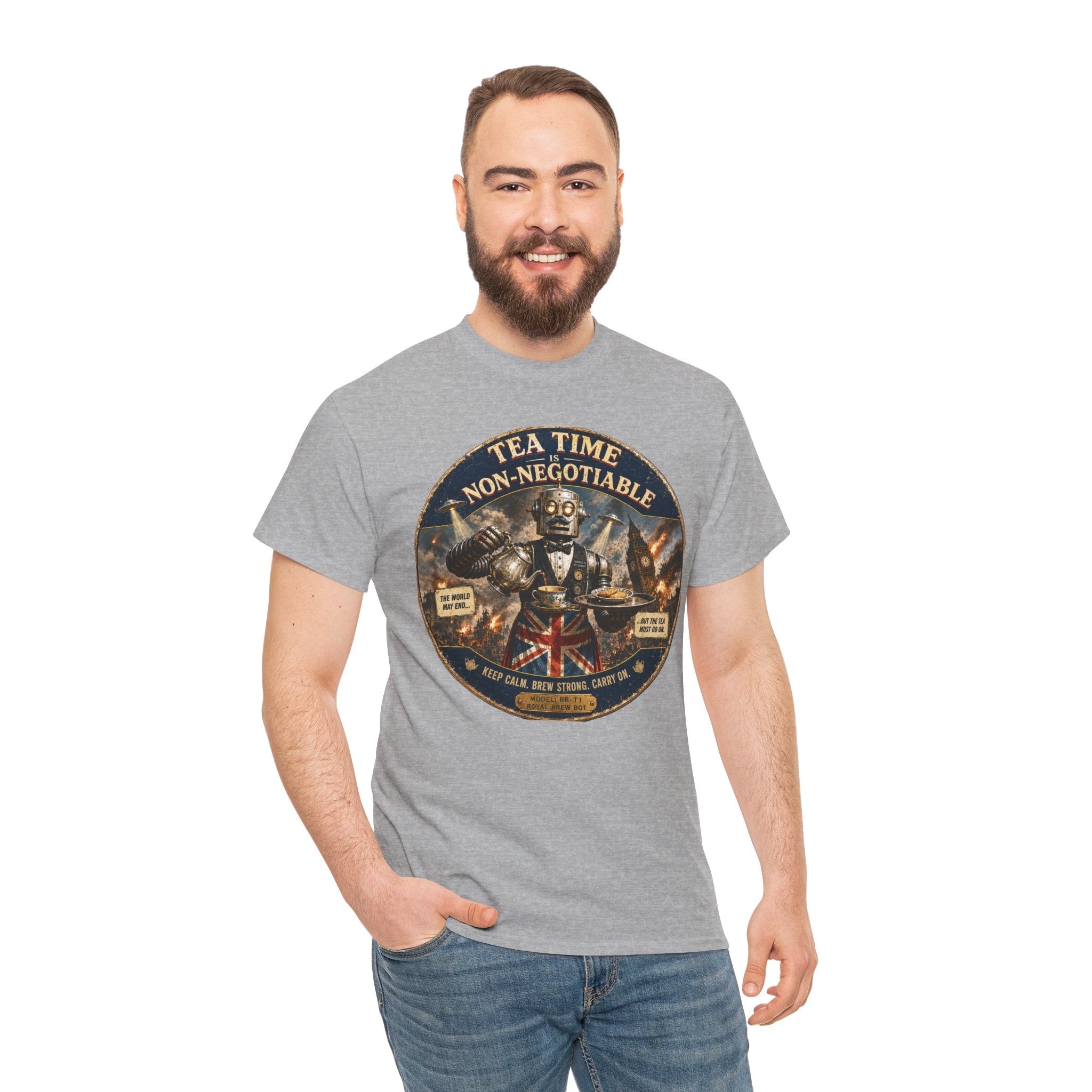 Tea Time is Non-Negotiable T-Shirt — Funny British Butler Robot Graphic Tee