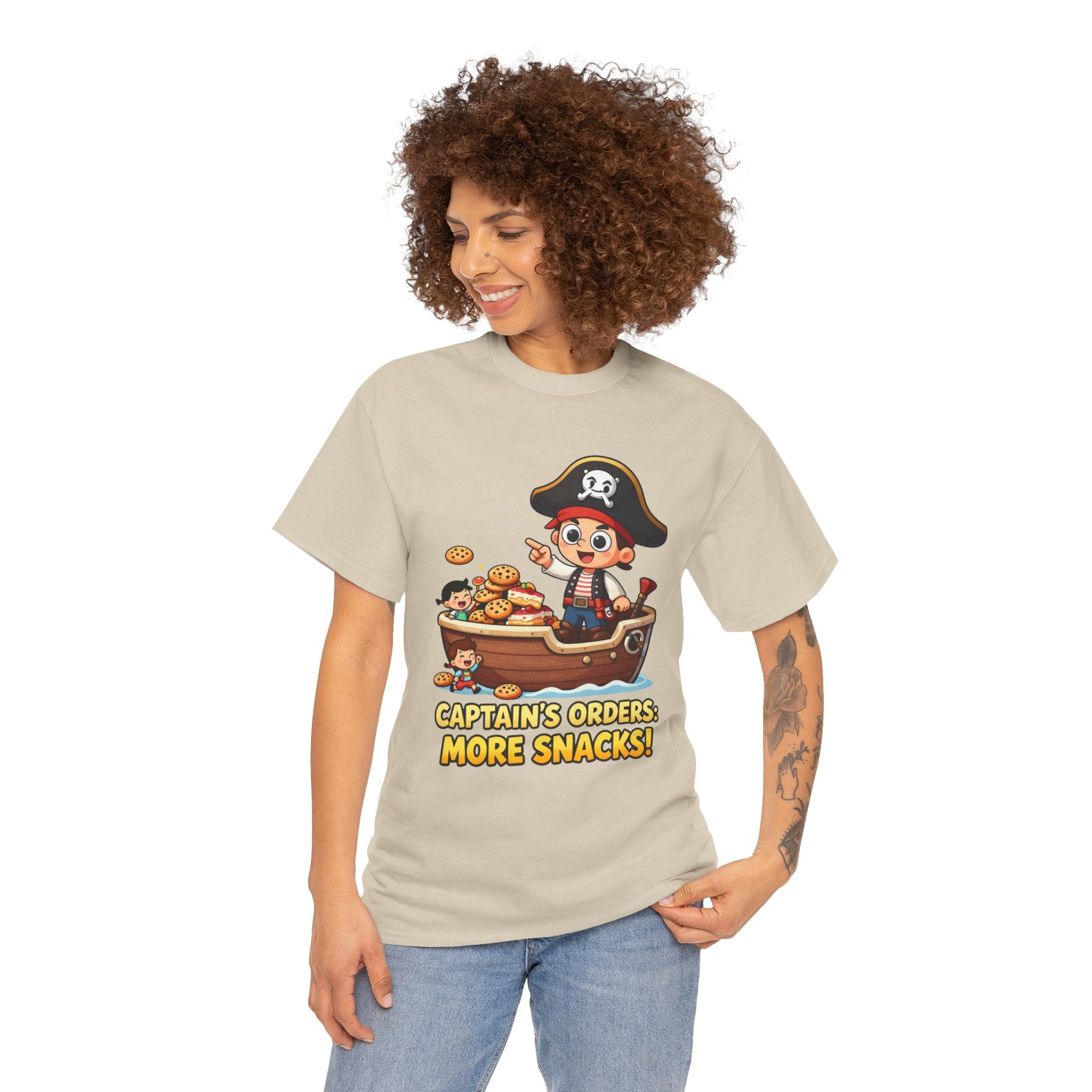 Captain's Orders More Snacks T-Shirt – Funny Pirate Cookie Cake Food Cartoon | Nautical Foodie Humour Graphic Tee
