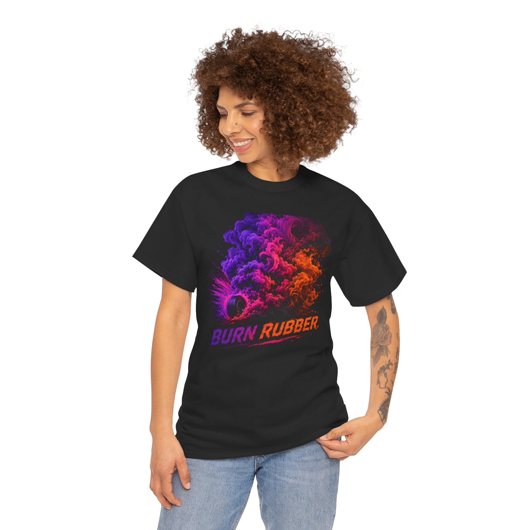 Burn Rubber T-Shirt | Tire Smoke Burnout Graphic Tee | Colorful Drift Racing Shirt | Car Culture Street Racing Art