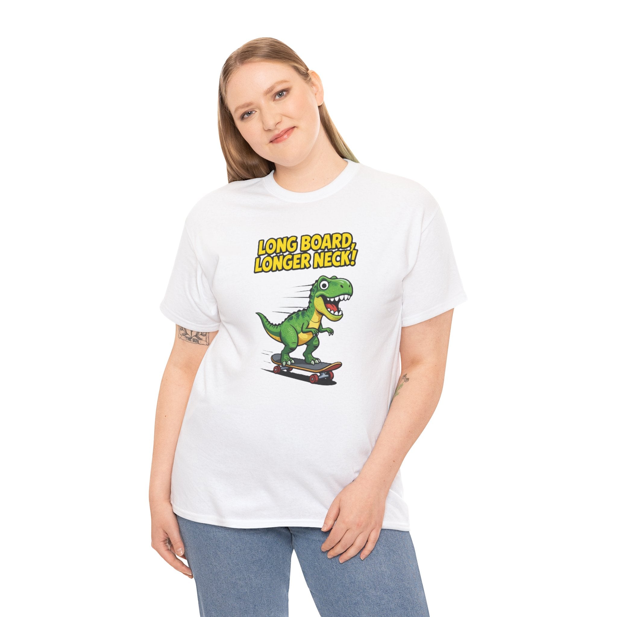 Long Board Longer Neck T-Shirt – Funny Green Dinosaur Longboard Skateboard Cartoon | Dino Skater Graphic Tee