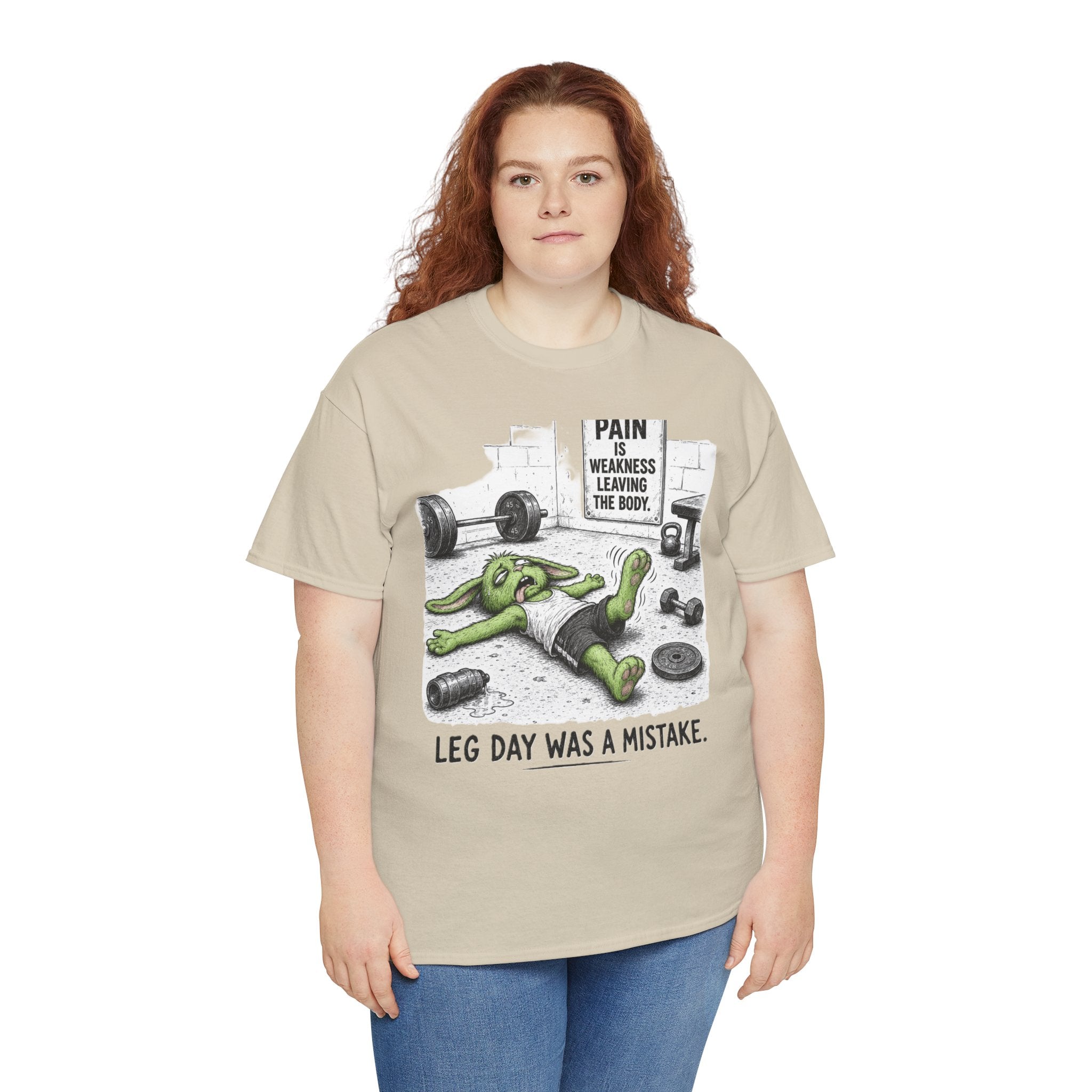Leg Day Was a Mistake T-Shirt – Funny Gym Bunny Squat Fail | Pain Is Weakness Leaving the Body Graphic Tee
