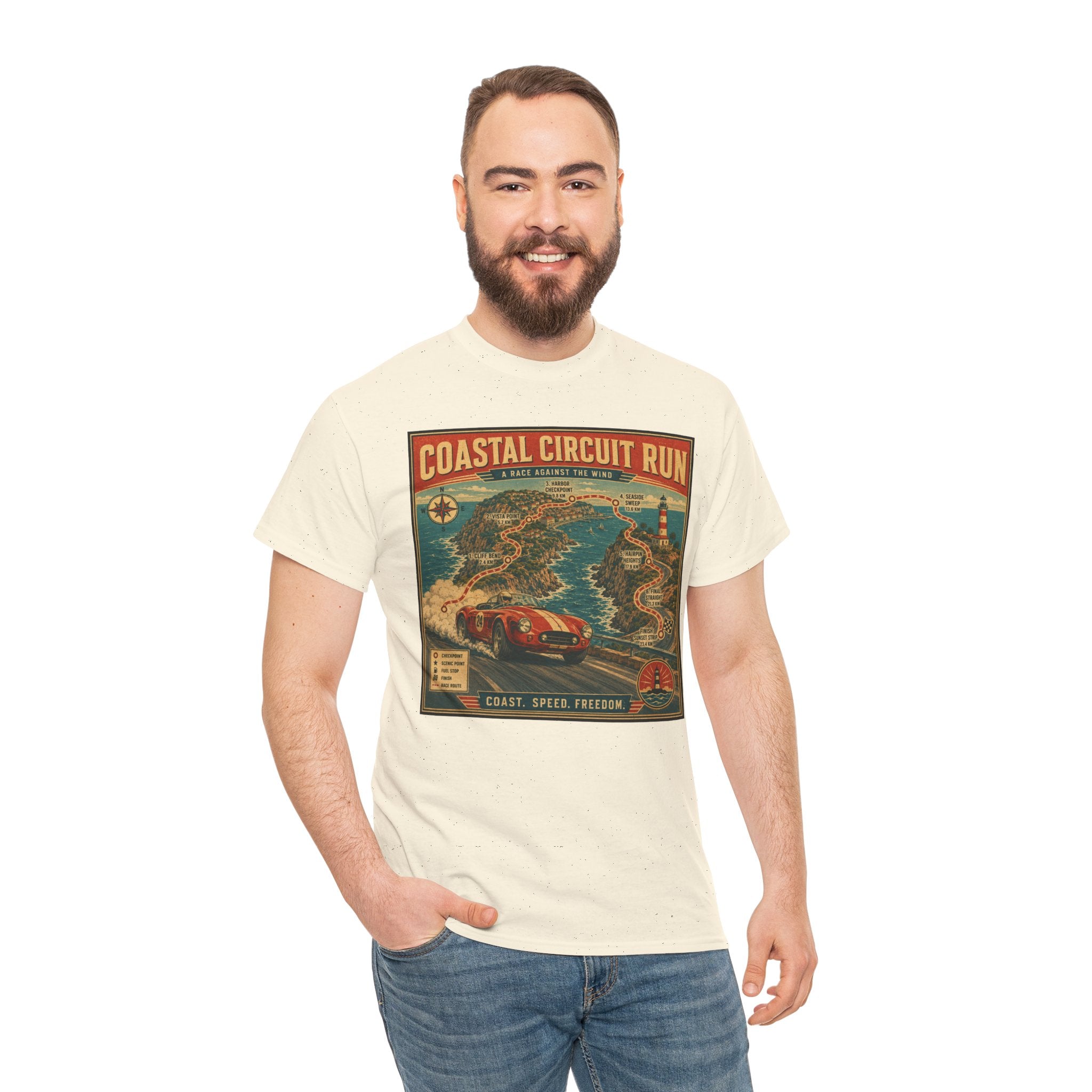 Coastal Circuit Run T-Shirt | Vintage Racing Map Graphic Tee | Classic Car Rally Route Shirt | Retro Motorsport Travel Poster Art
