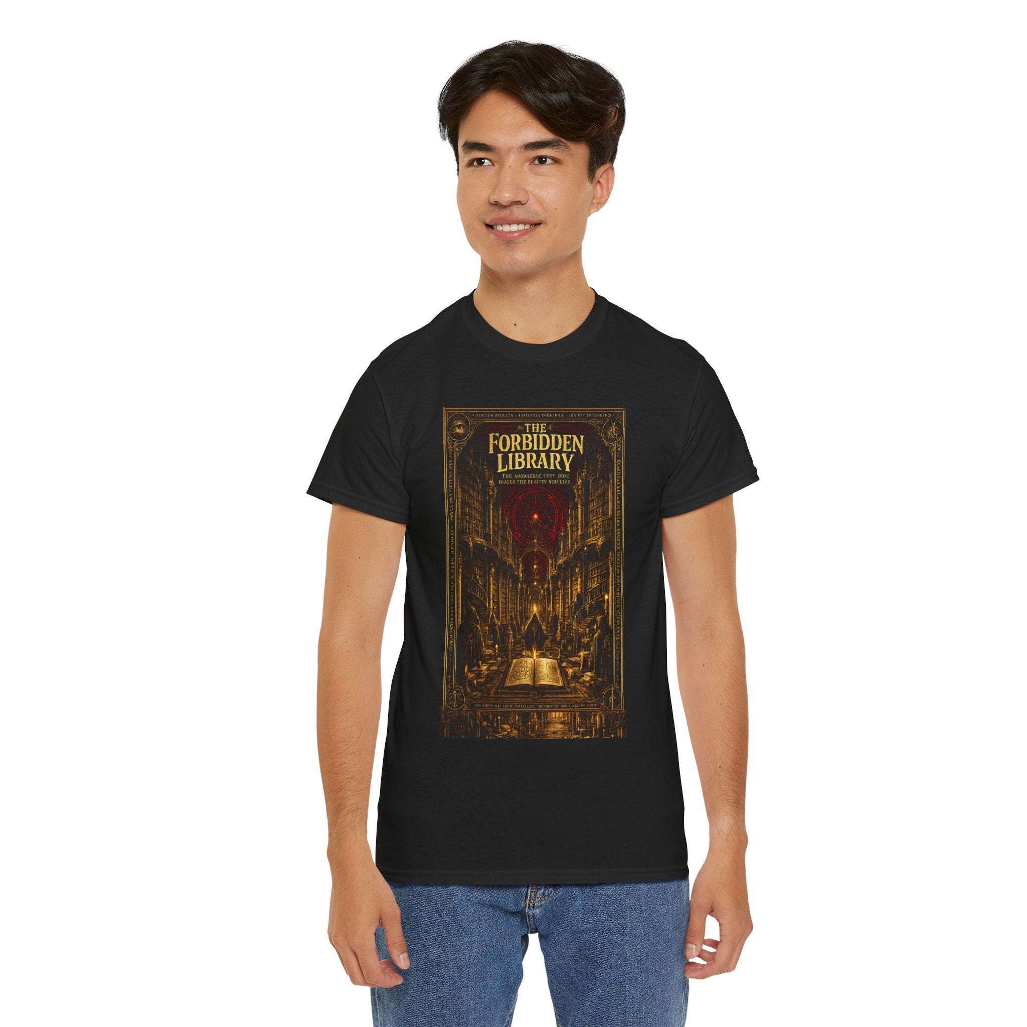The Forbidden Library T-Shirt | Occult Grimoire Graphic Tee | Esoteric Gothic Bookshelf Shirt | Dark Academia Mystic Art