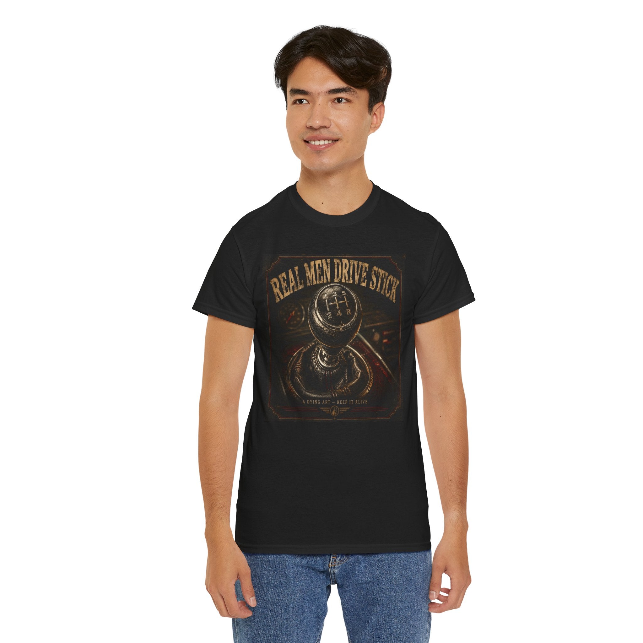 Real Men Drive Stick T-Shirt | Manual Transmission Graphic Tee | Stick Shift Car Lover Shirt | Vintage Gearhead Humour Art