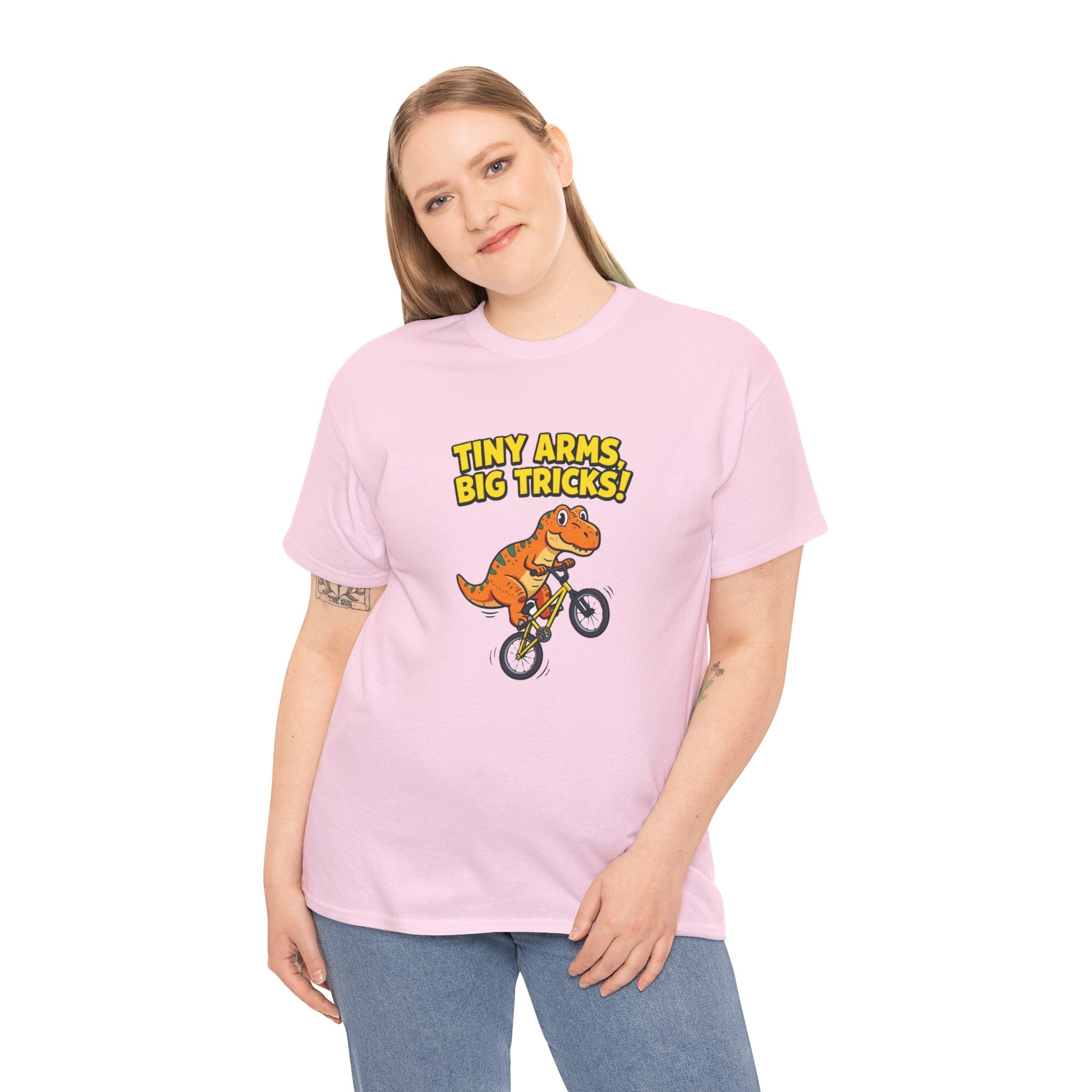 T-Shirt — "Tiny Arms, Big Tricks!" BMX Dino Graphic Tee