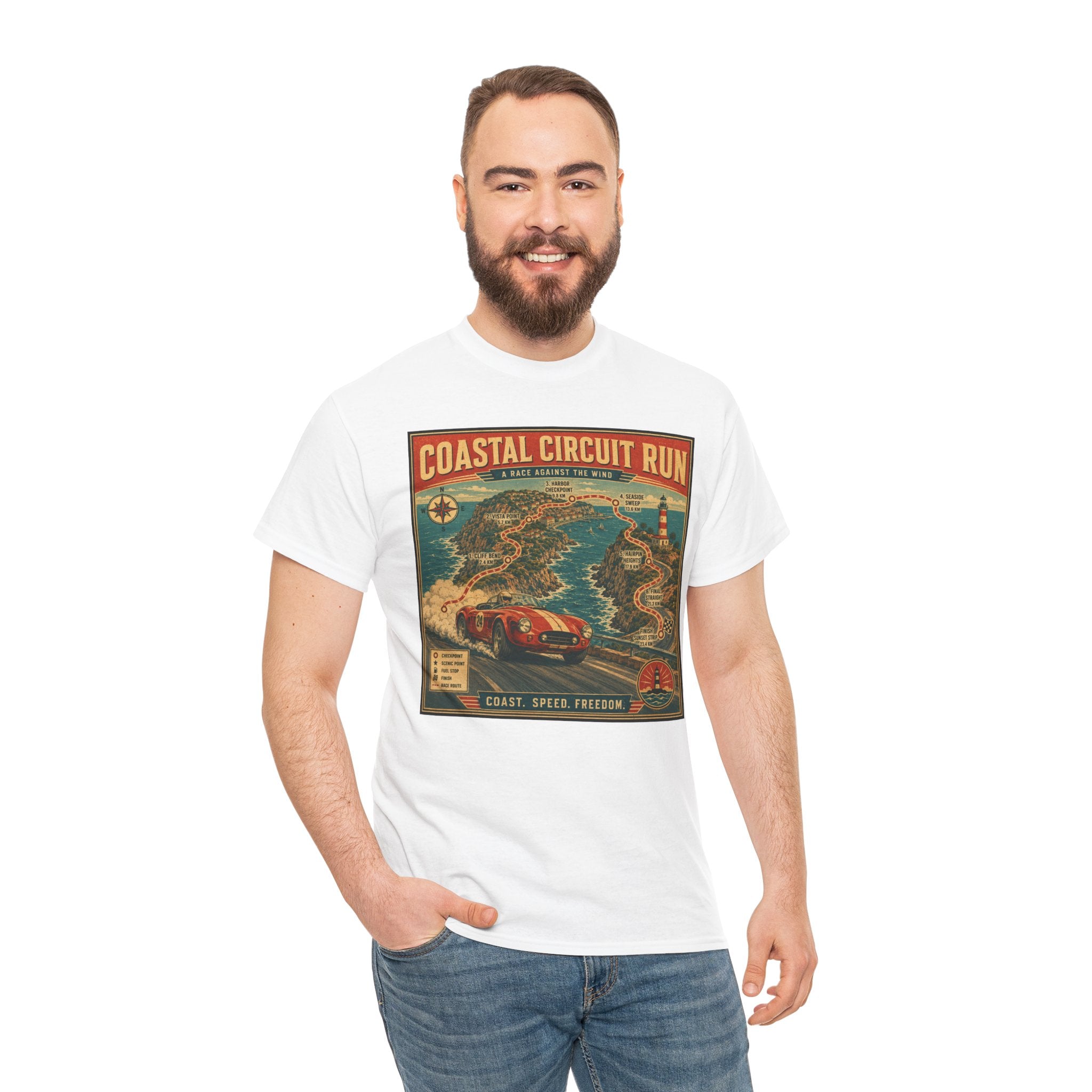 Coastal Circuit Run T-Shirt | Vintage Racing Map Graphic Tee | Classic Car Rally Route Shirt | Retro Motorsport Travel Poster Art
