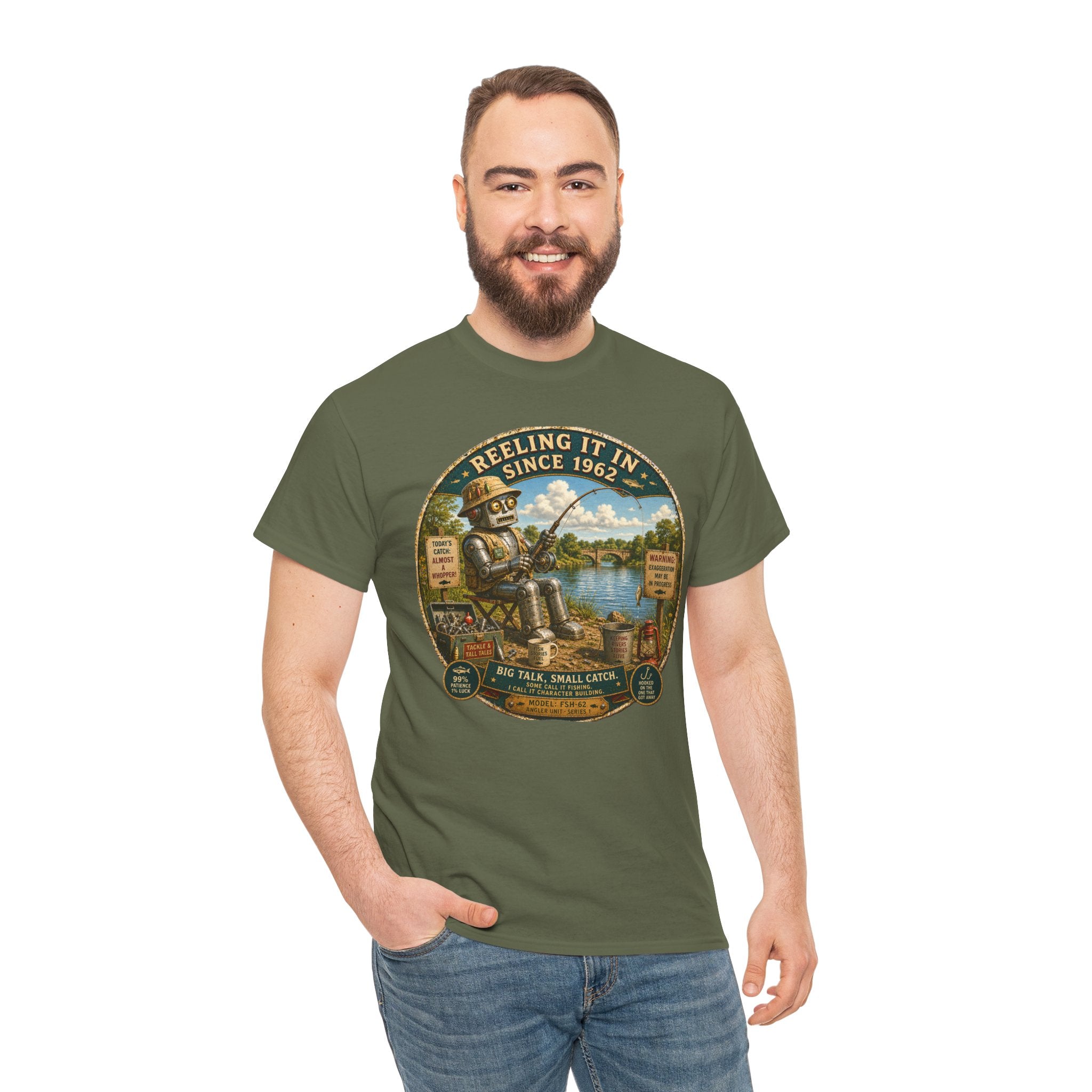 Reeling It In Since 1962 T-Shirt — Funny Robot Angler Graphic Tee