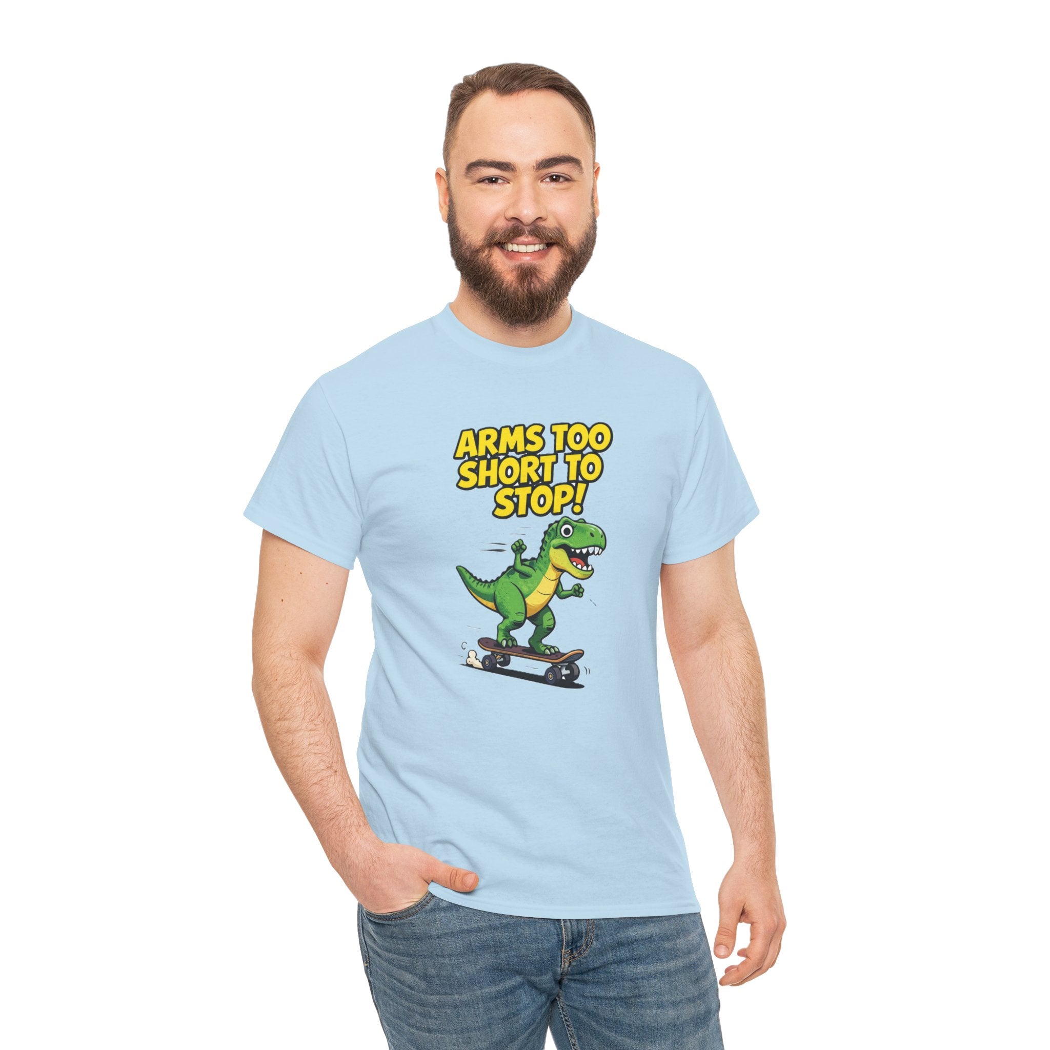Arms Too Short to Stop T-Shirt – Funny T-Rex Skateboard Cartoon Dinosaur | T-Rex Arms Pun Graphic Tee
