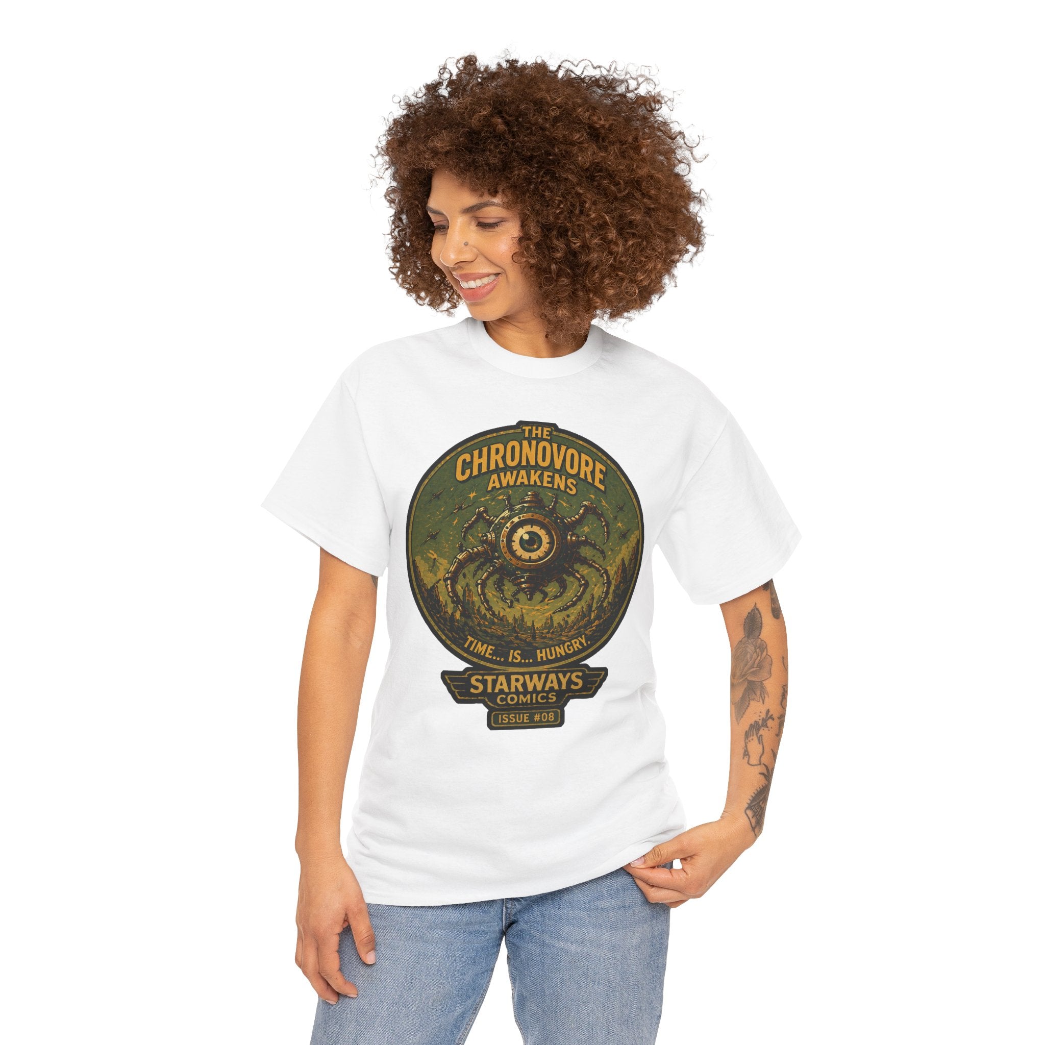 The Chronovore Awakens T-Shirt | Retro Sci-Fi Monster Graphic Tee | Vintage Space Comic Creature Shirt | Starways Comics Issue 8