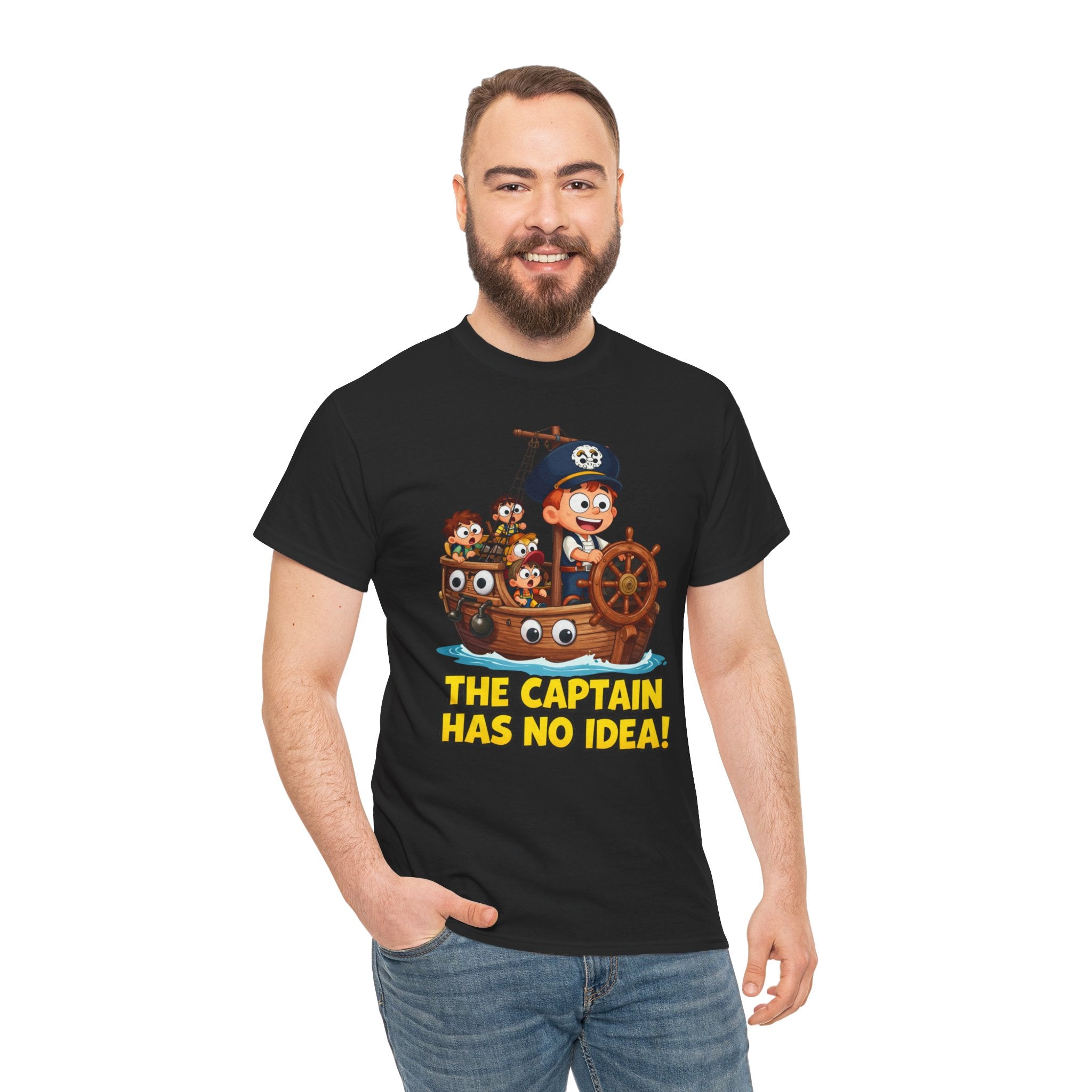 The Captain Has No Idea T-Shirt – Funny Cartoon Pirate Ship Clueless Captain | Nautical Humour Graphic Tee