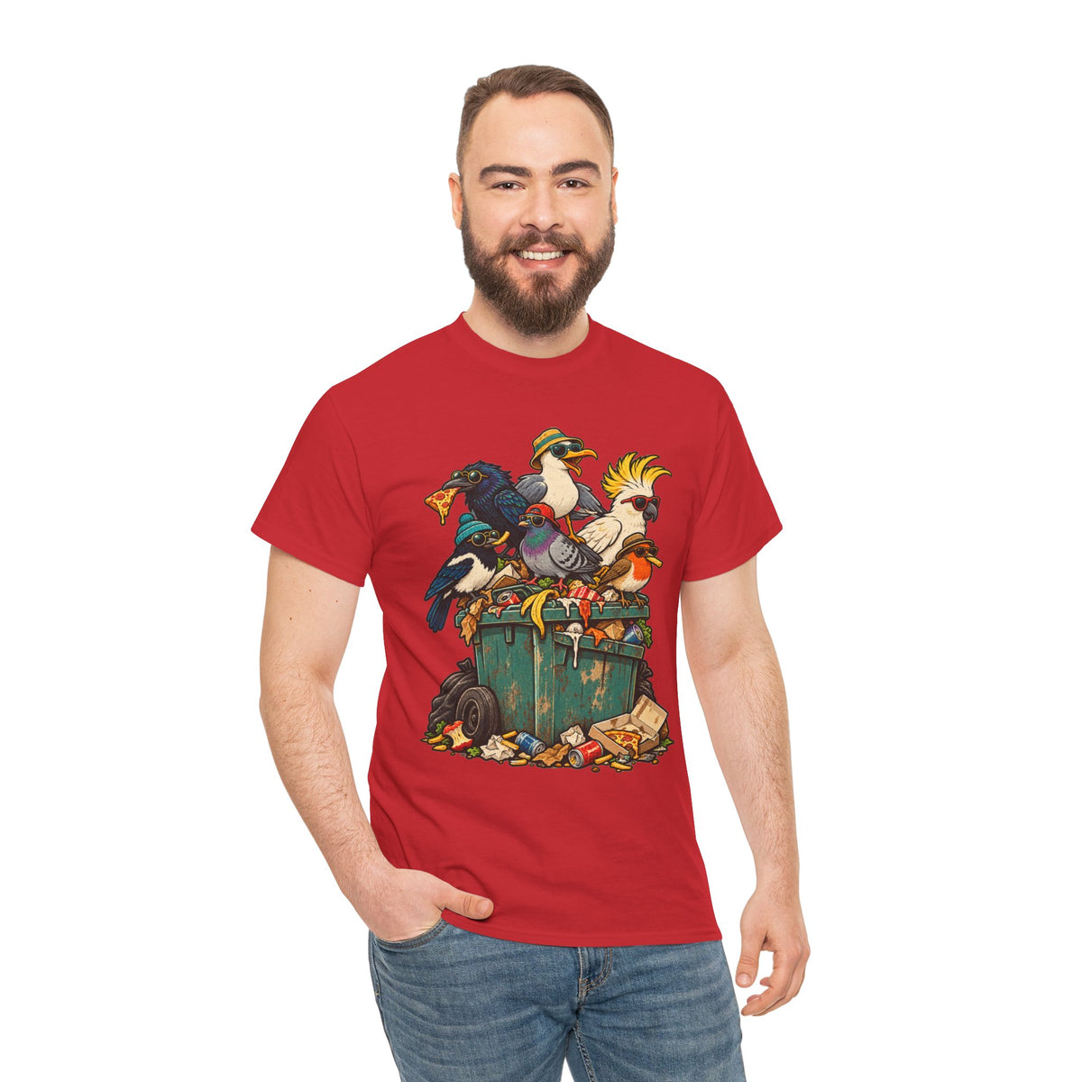The Bin Squad Funny Birds T-Shirt – Cartoon Birds Raiding a Wheelie Bin Tee