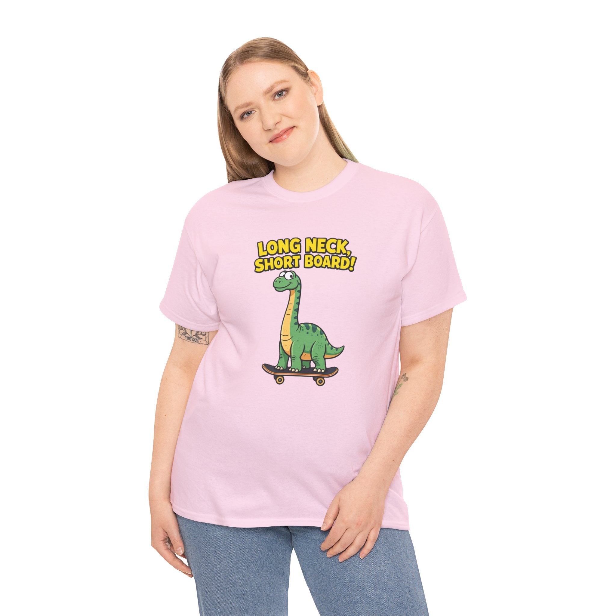 Long Neck Short Board T-Shirt – Funny Brachiosaurus Skateboard Cartoon Dinosaur | Tall Dino Skater Pun Graphic Tee