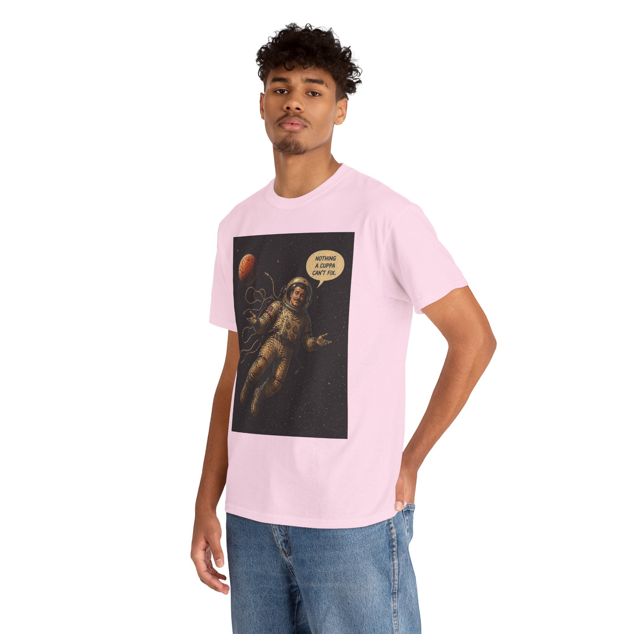 Nothing a Cuppa Can't Fix T-Shirt | Funny Astronaut Space Graphic Tee | British Humour Sci-Fi Shirt