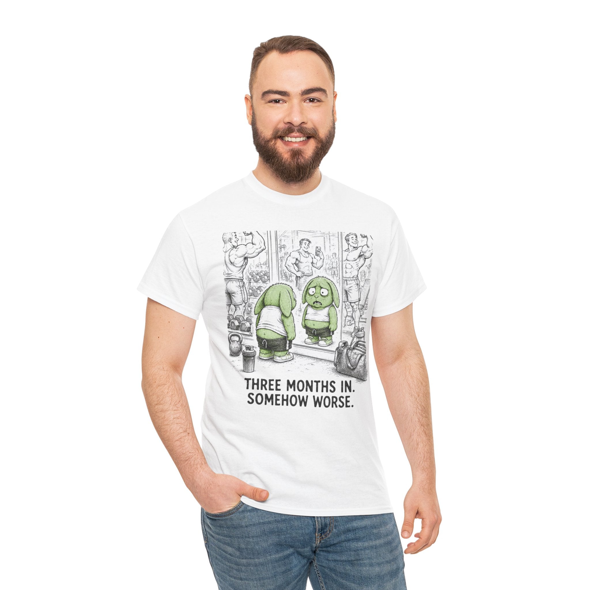Three Months In Somehow Worse T-Shirt – Funny Gym Mirror Fail | New Year Resolution Workout Graphic Tee