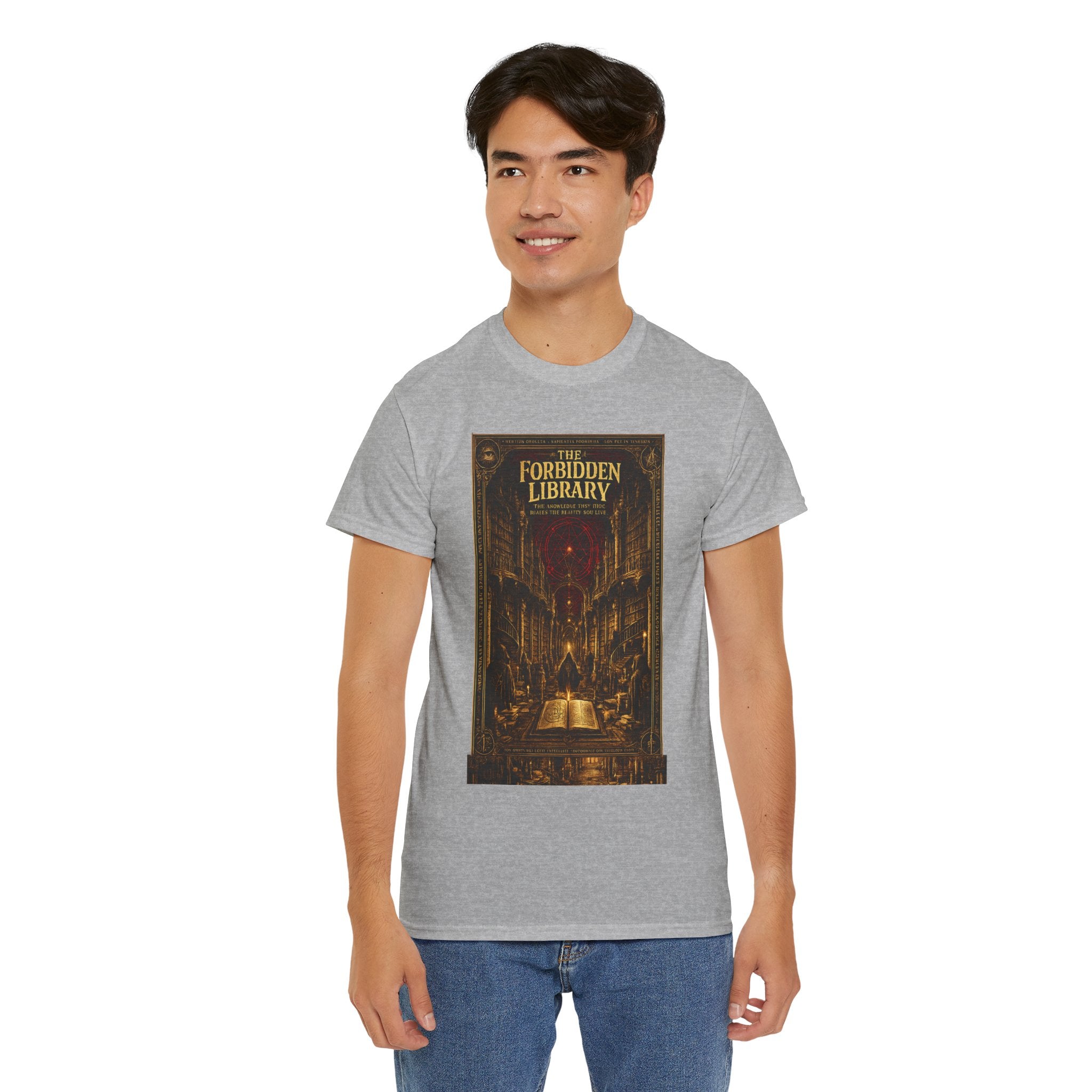 The Forbidden Library T-Shirt | Occult Grimoire Graphic Tee | Esoteric Gothic Bookshelf Shirt | Dark Academia Mystic Art