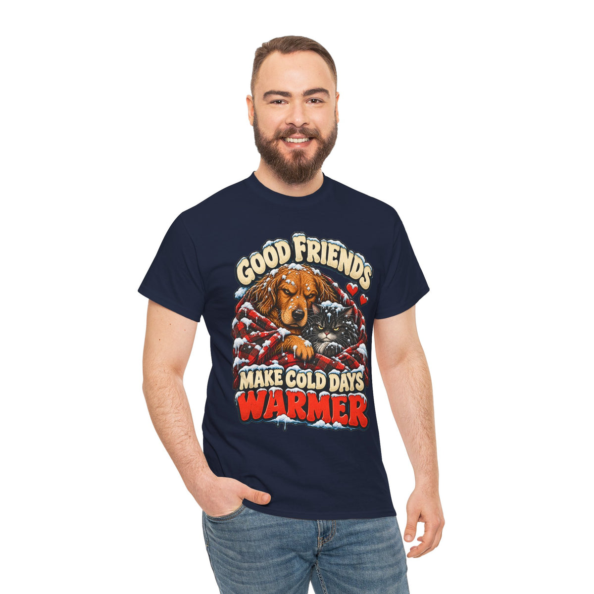 Good Friends Make Cold Days Warmer: Dog and Cat Winter T-Shirt