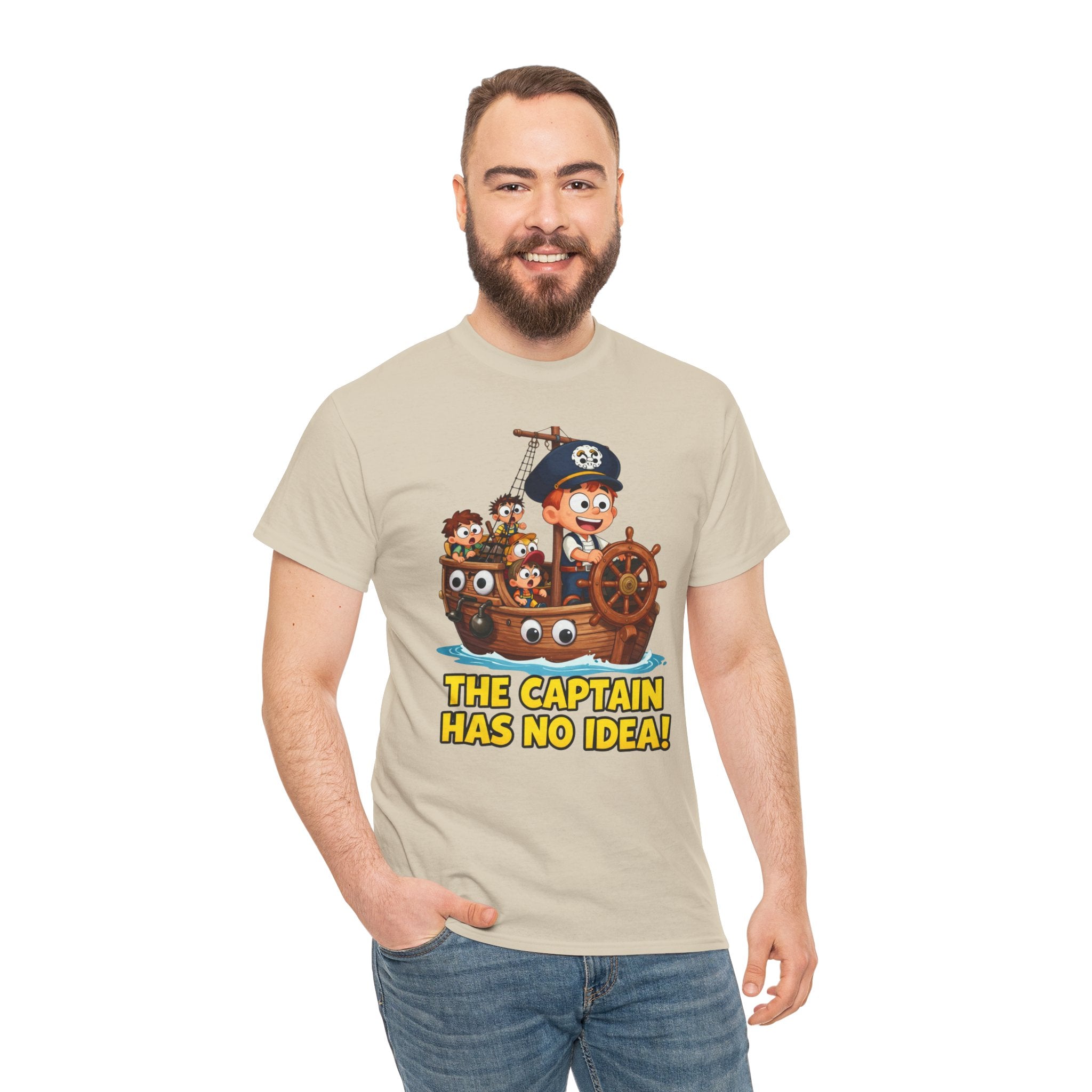 The Captain Has No Idea T-Shirt – Funny Cartoon Pirate Ship Clueless Captain | Nautical Humour Graphic Tee