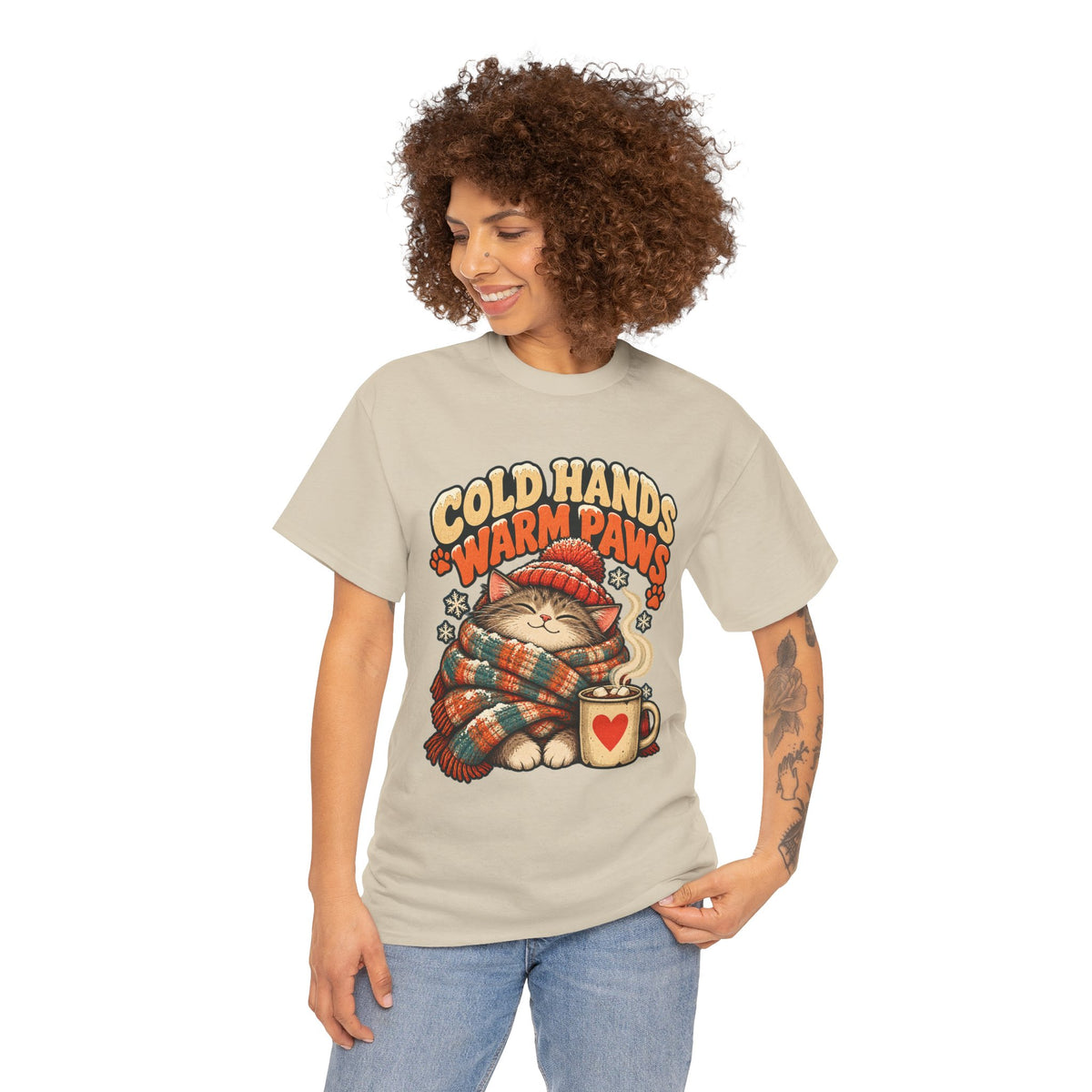 Cold Hands Warm Paws Cat T-Shirt – Cozy Winter Cat Tee with Scarf & Hot Cocoa