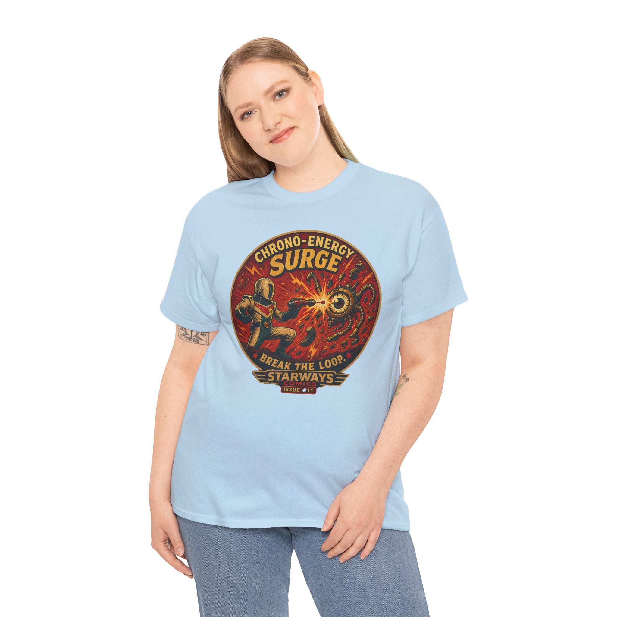 Chrono Energy Surge Retro Sci-Fi T-Shirt | Starways Comics Issue 11 | Vintage Astronaut Ray Gun Battle Graphic Tee | Classic Space Age Comic Art