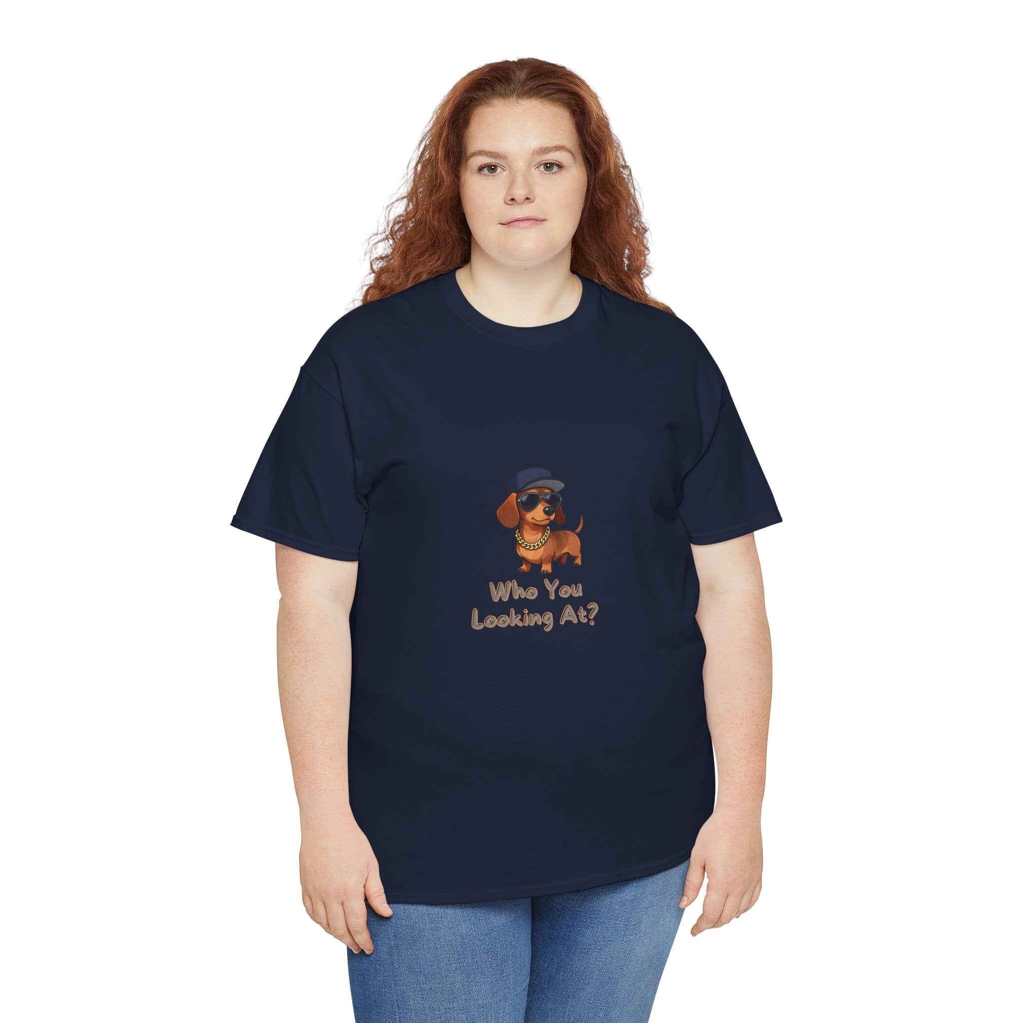 Who You Looking At T-Shirt – Swagger Dachshund Gold Chain Snapback Cool Dog | Funny Sausage Dog Wiener Dog Attitude Tee