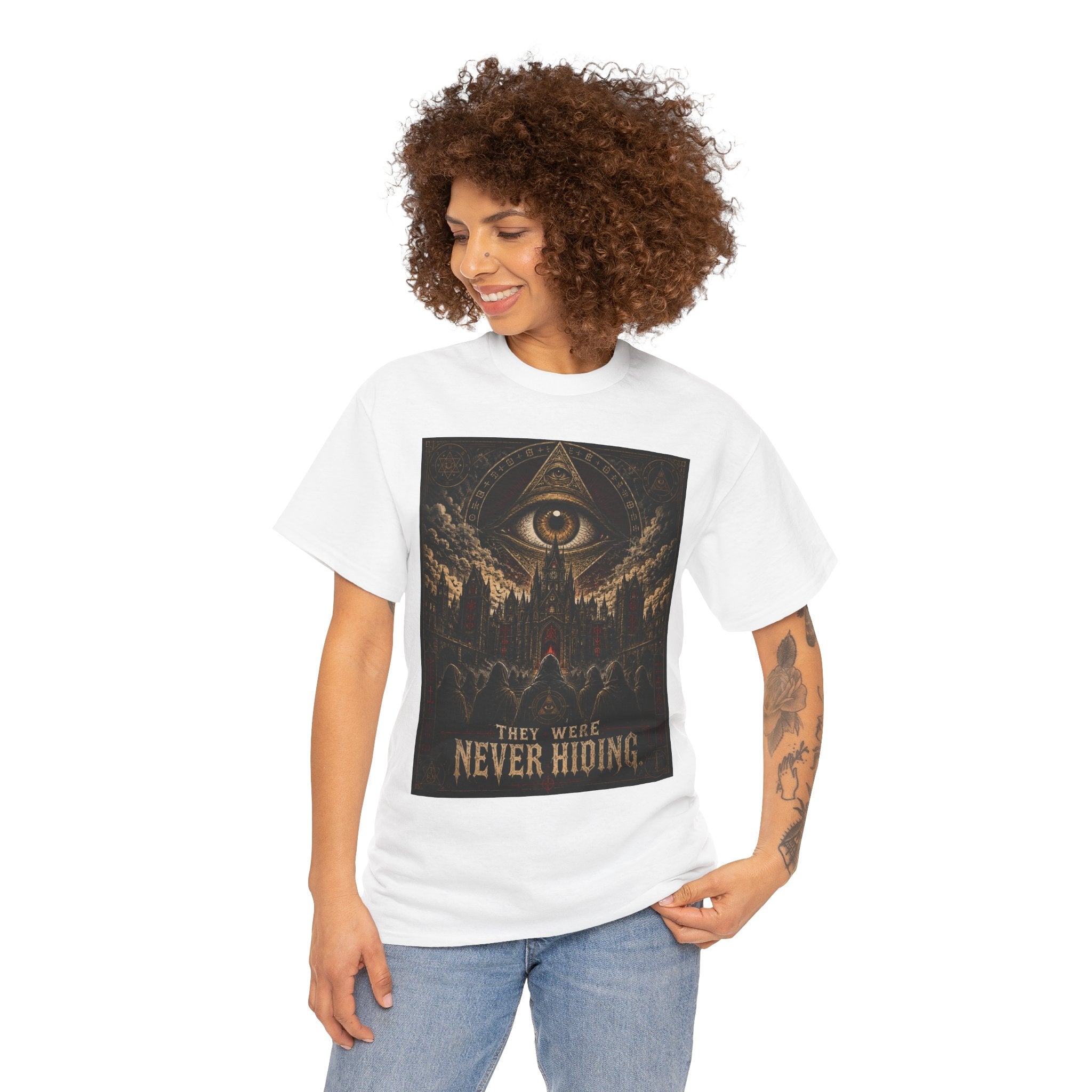 They Were Never Hiding T-Shirt | All Seeing Eye Conspiracy Graphic Tee | Gothic Cathedral Occult Shirt | Dark Academia Mystic Art