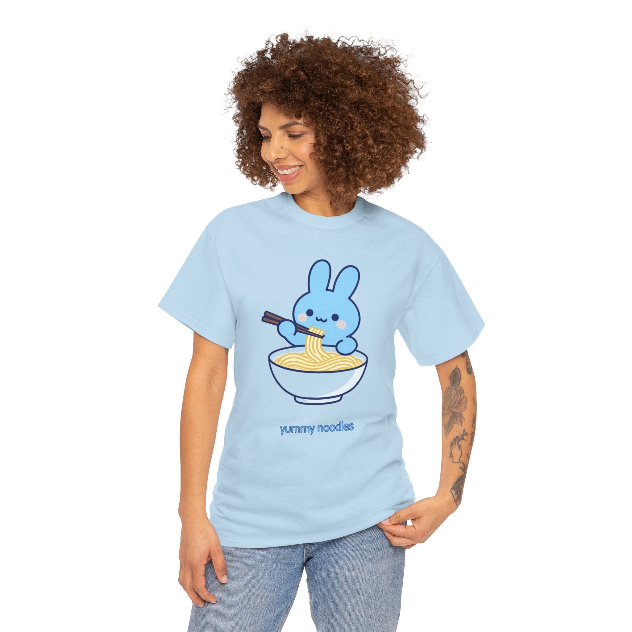 Yummy Noodles Blue Bunny T-Shirt | Cute Kawaii Rabbit Ramen Tee | Kids & Family Graphic T-Shirt