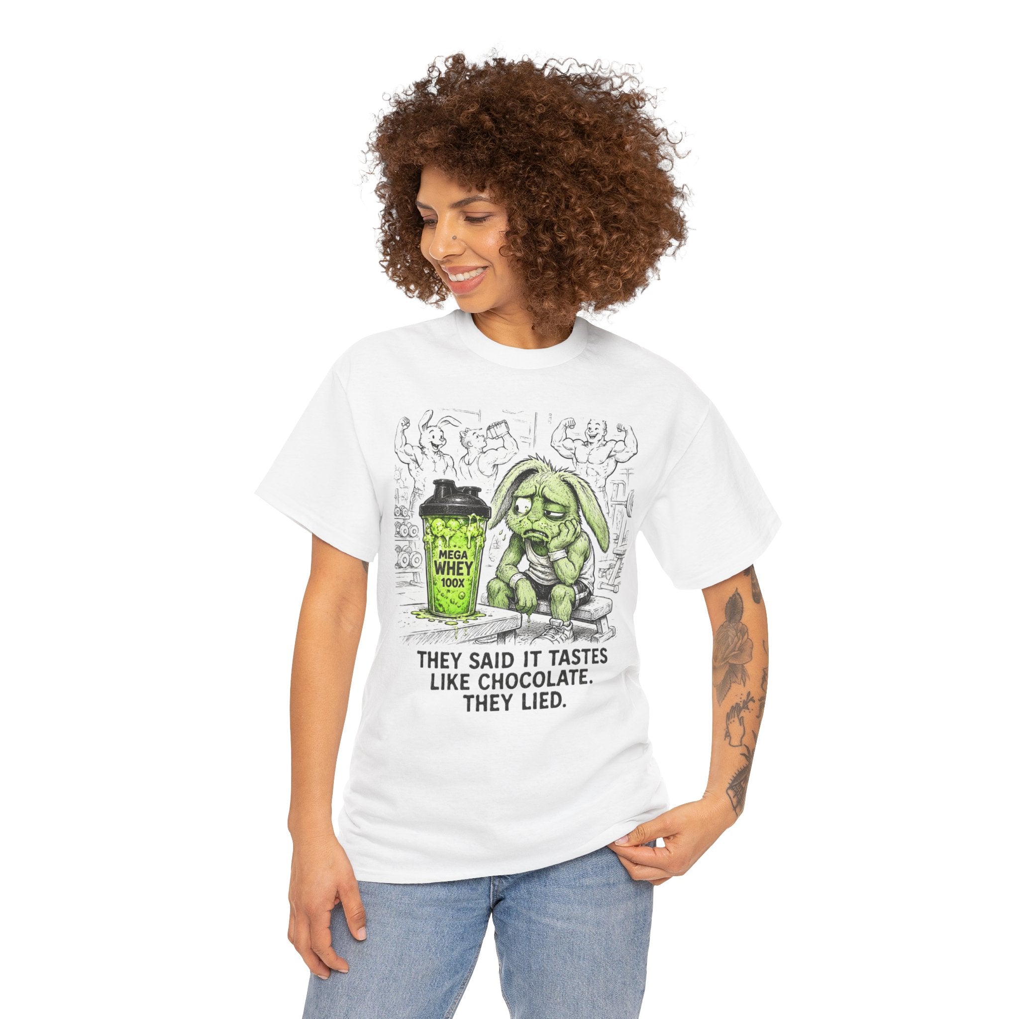 They Said It Tastes Like Chocolate T-Shirt – Funny Gym Protein Shake Bunny | Workout Humour Graphic Tee
