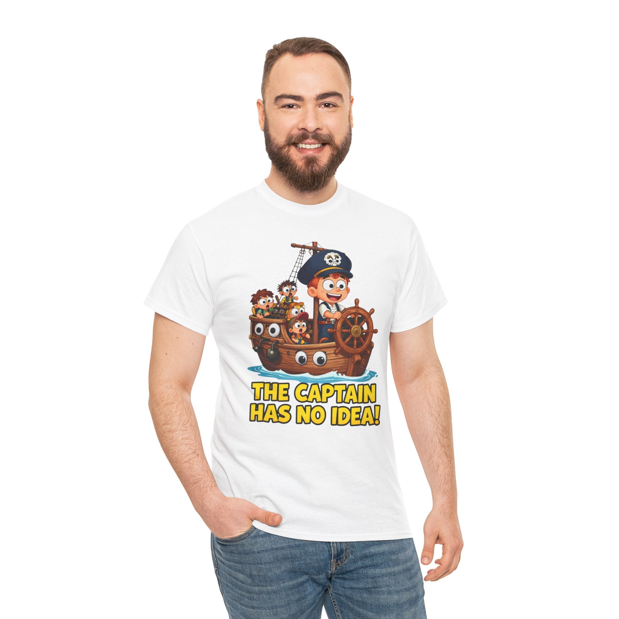 The Captain Has No Idea T-Shirt – Funny Cartoon Pirate Ship Clueless Captain | Nautical Humour Graphic Tee