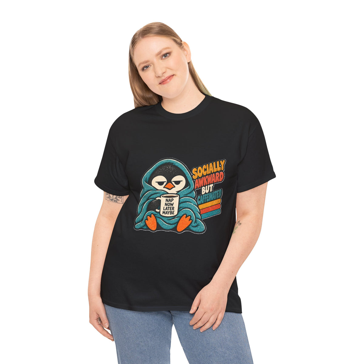 Socially Awkward But Caffeinated Penguin T-Shirt – Funny Introvert Coffee Tee