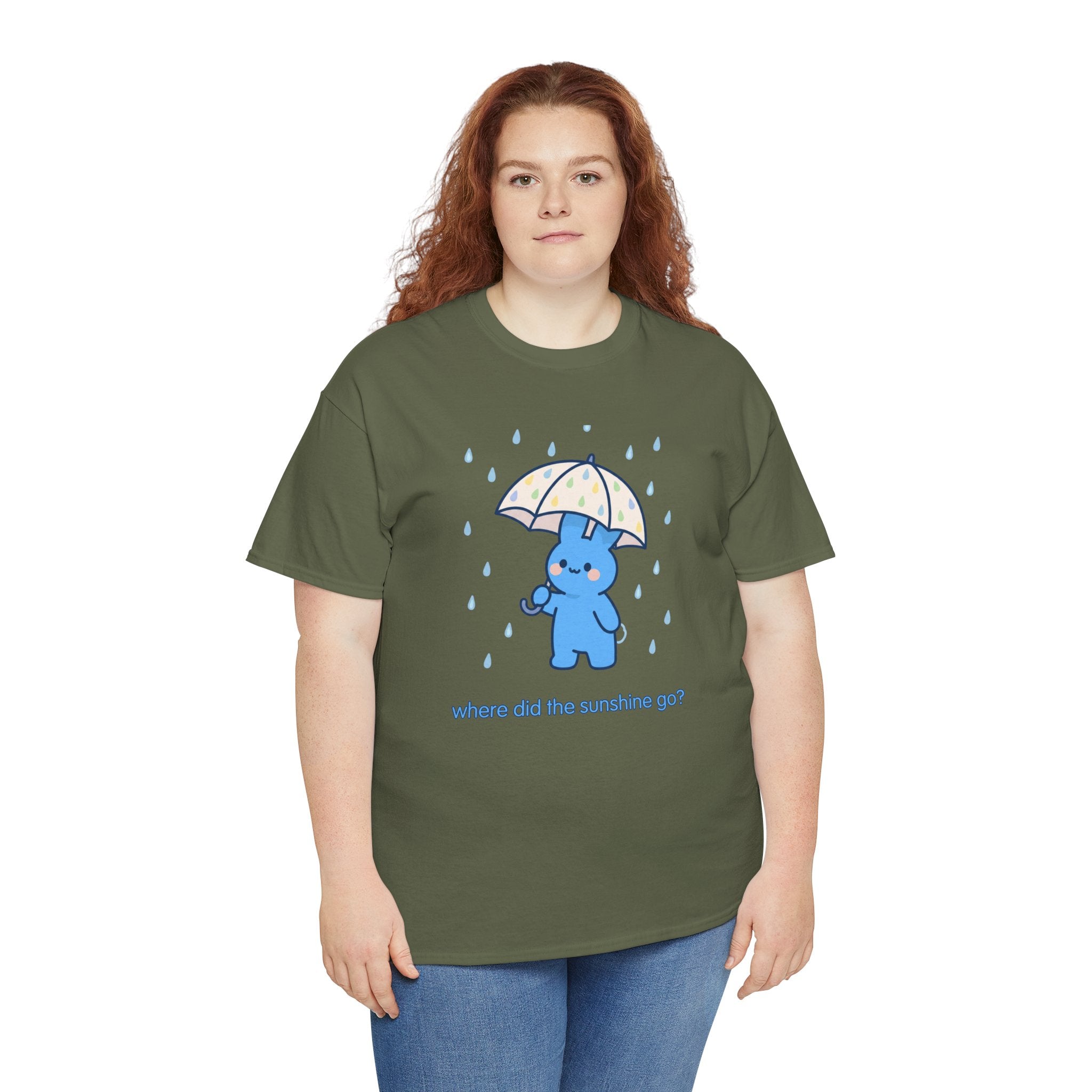 Cute Blue Bunny Tee — "Where Did the Sunshine Go?" Rainy Day Graphic T-Shirt - Where did the sunshine go? 🌧️🐰 Our little blue bunny is braving the rain with the cutest polka dot umbrella